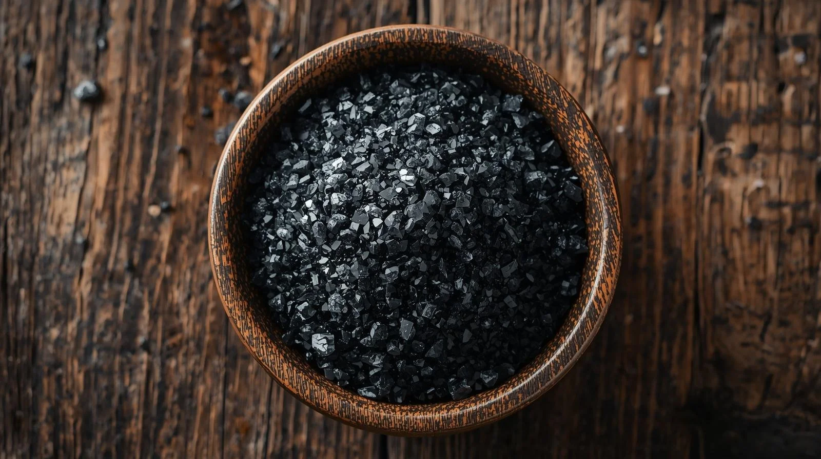 Can you create a image with Black Salt in a wooden bowl on a wooden table.jpg