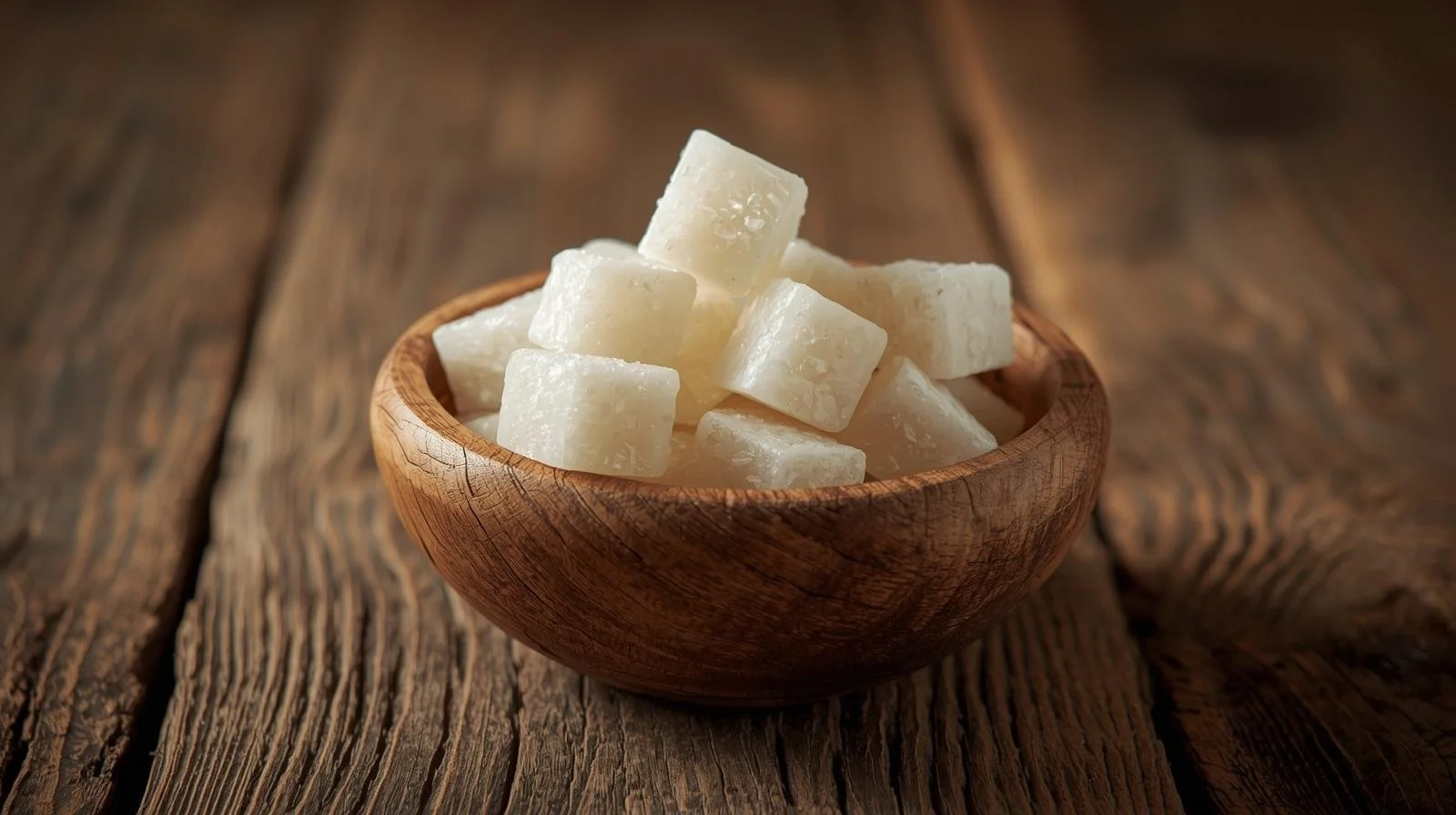 Can you create a picture with a wooden bowl of camphor blocks on a wooden table.jpg