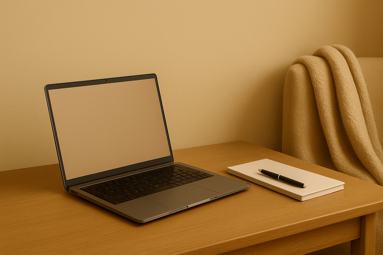 A laptop, a notebook, and a pen on a wooden desk, with a beige blanket draped over a chair in the background.