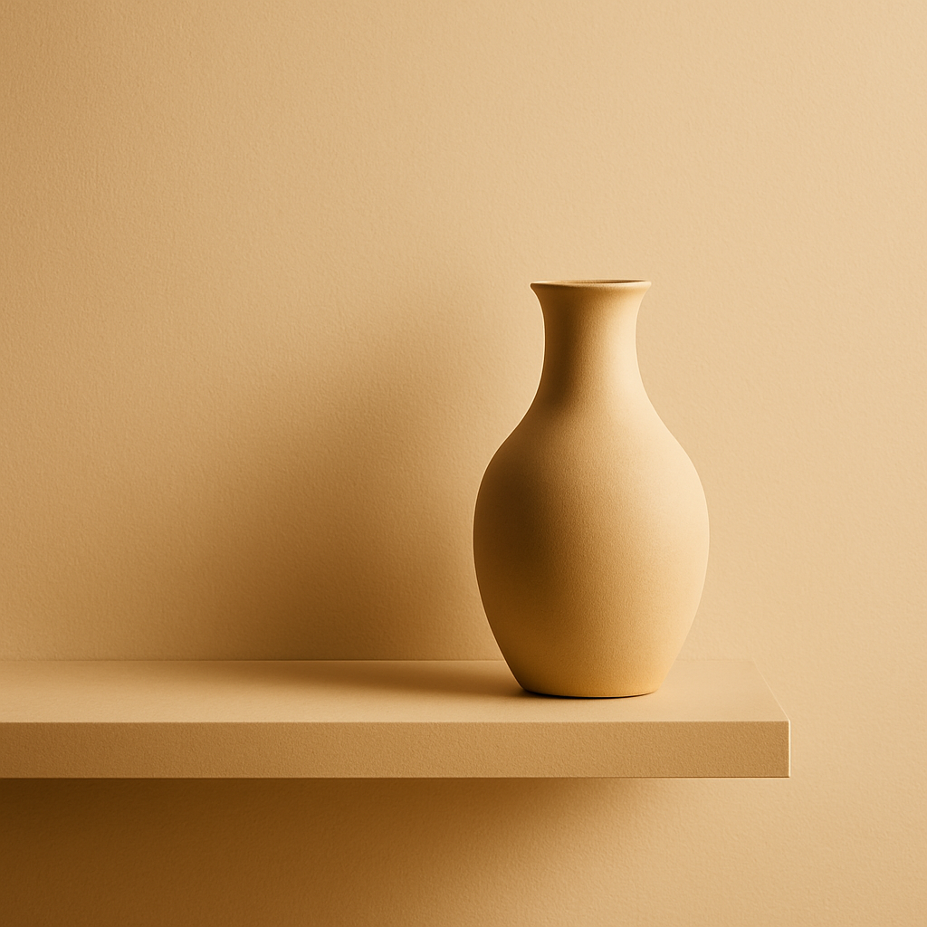 A beige vase sitting on a beige shelf against a beige wall.
