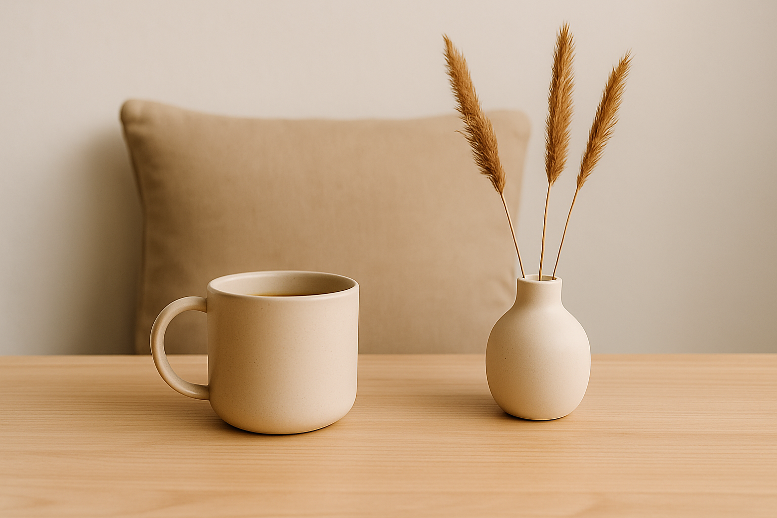 A beige ceramic mug and a small beige vase with dried pampas grass on a wooden table, with a beige cushion and a neutral wall in the background.