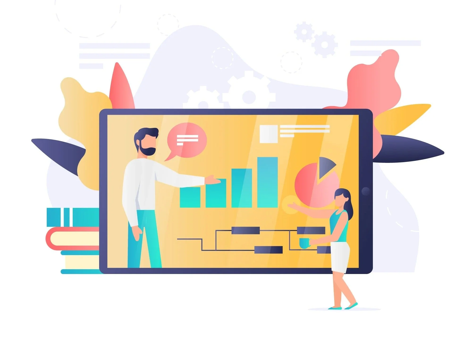 Illustration of a man and woman discussing data charts on a large screen, with bars, pie chart, and flowchart elements, surrounded by books and abstract shapes.