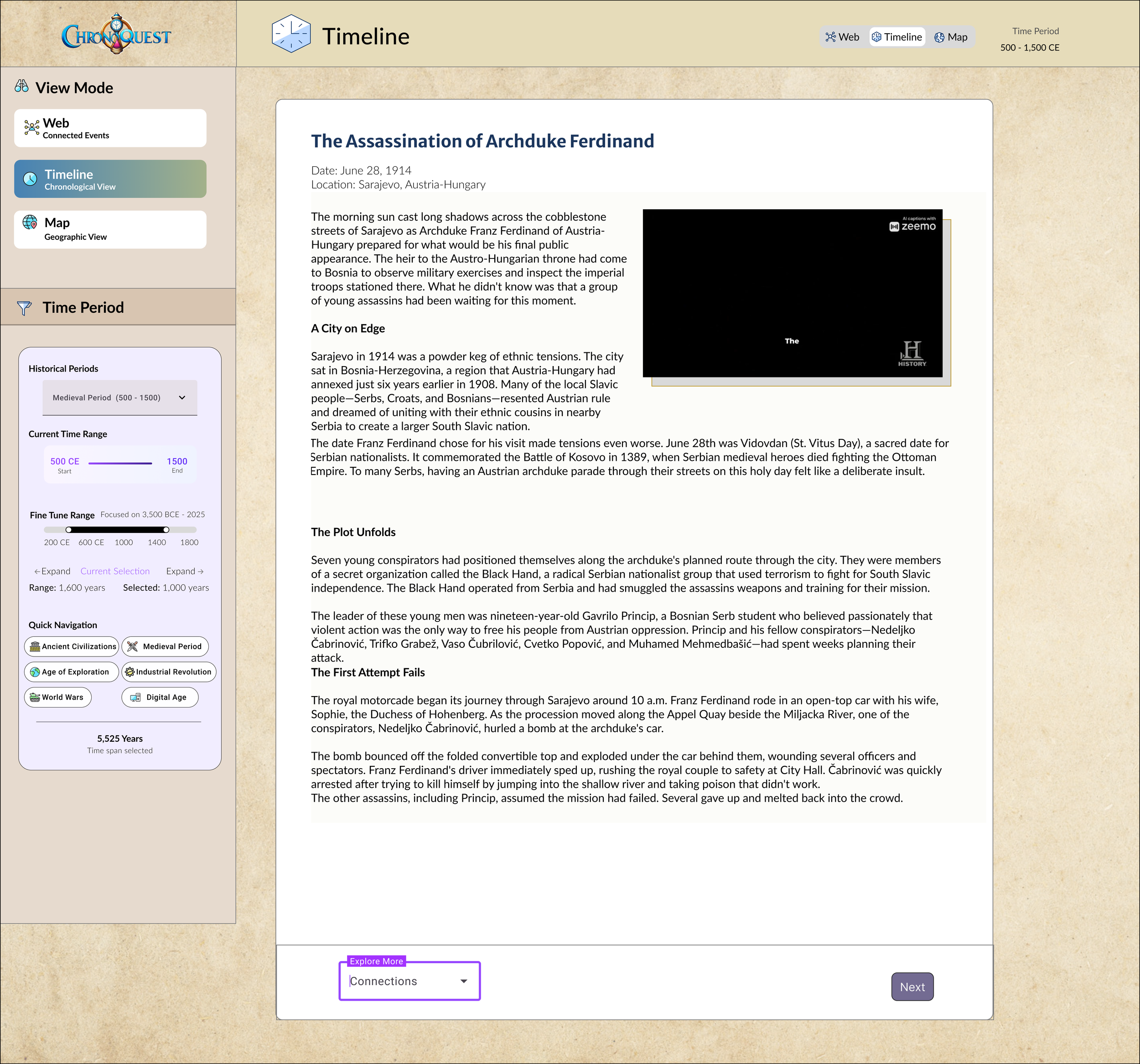 A webpage about the assassination of Archduke Ferdinand. It includes a timeline with historical information, a brief description of the event, and an embedded video. The page has navigation options for different time periods and civilizations.