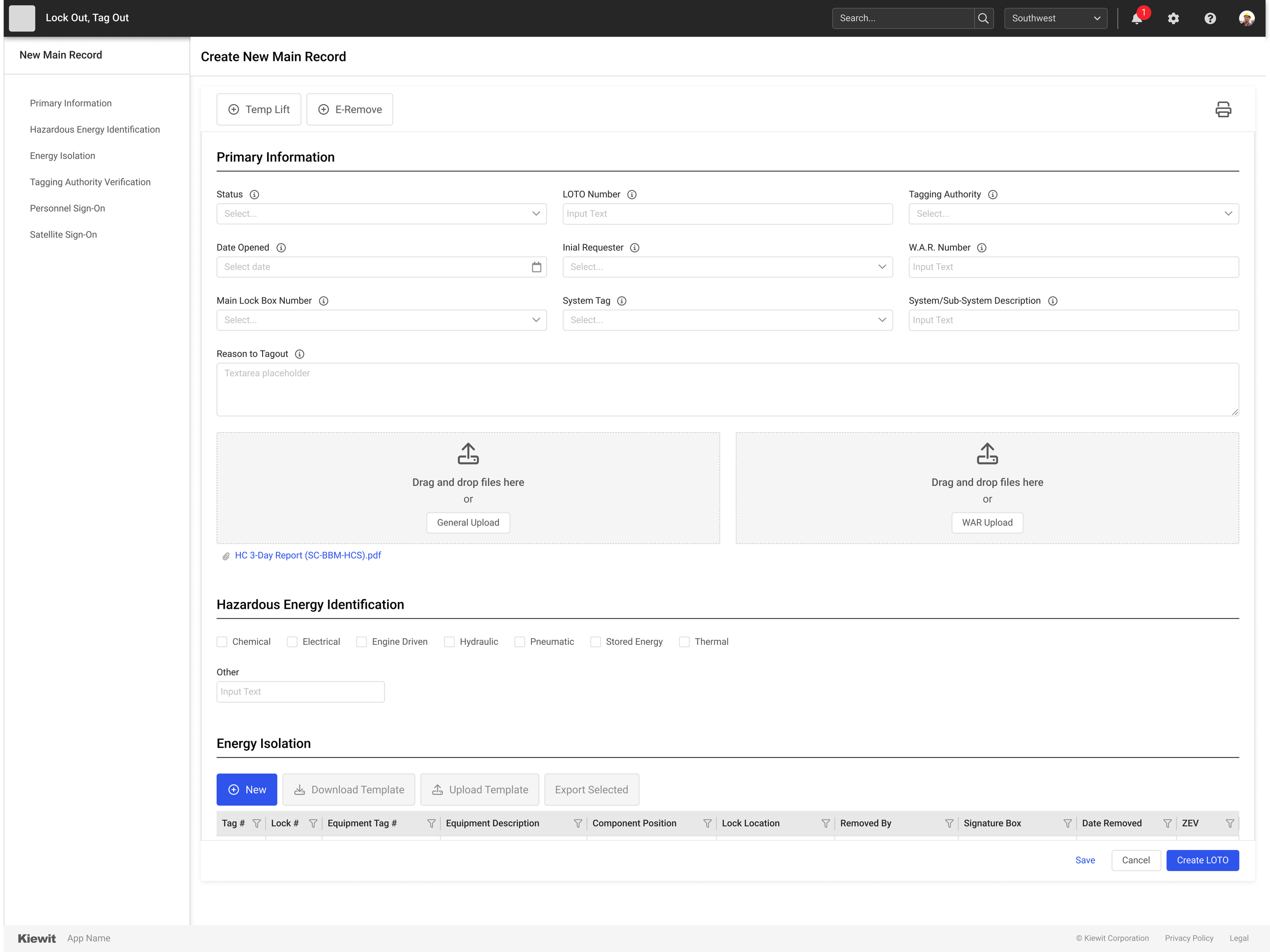 Screenshot of a web application interface for creating a new main record, with sections for primary information, hazardous energy identification, and energy isolation, including form fields, upload areas, and a linked PDF document.