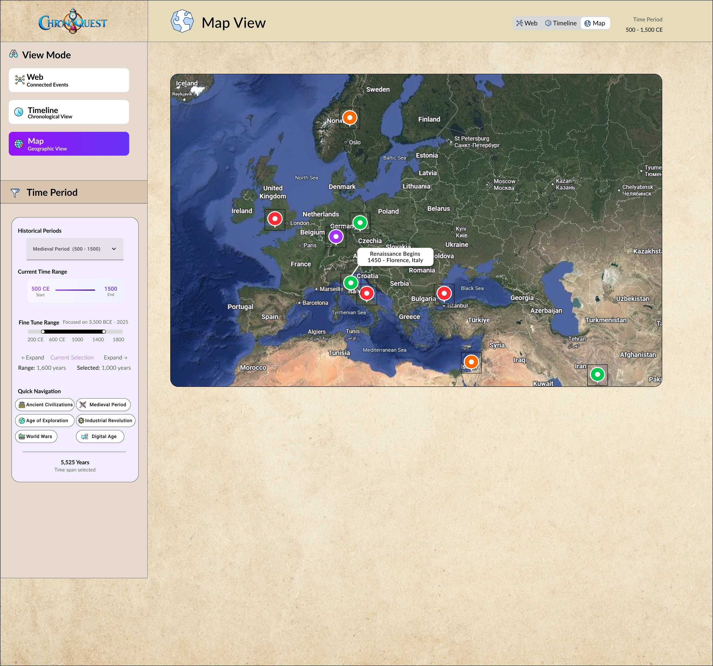 A world map showing historical events from the medieval period to the digital age, with color-coded markers indicating locations such as Florence, Italy, where the Renaissance began in 1450, and other sites across Europe, Africa, the Middle East, and Asia.