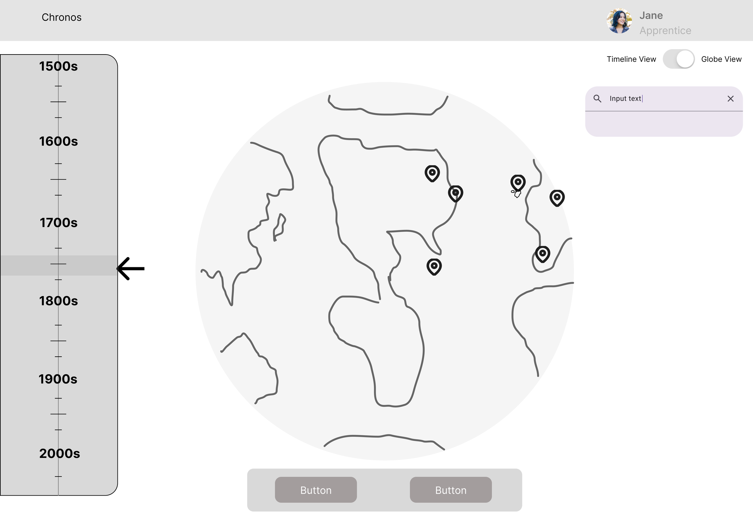 A digital interface for a world map timeline. It features a vertical timeline on the left from 1500s to 2000s, with an arrow pointing to the 1800s. The main section displays a simplified map of the world with several location markers. There is a user profile icon labeled 'Jane' with the title 'Apprentice' at the top right, a timeline toggle switch, a globe view switch, a search box, and two buttons at the bottom.
