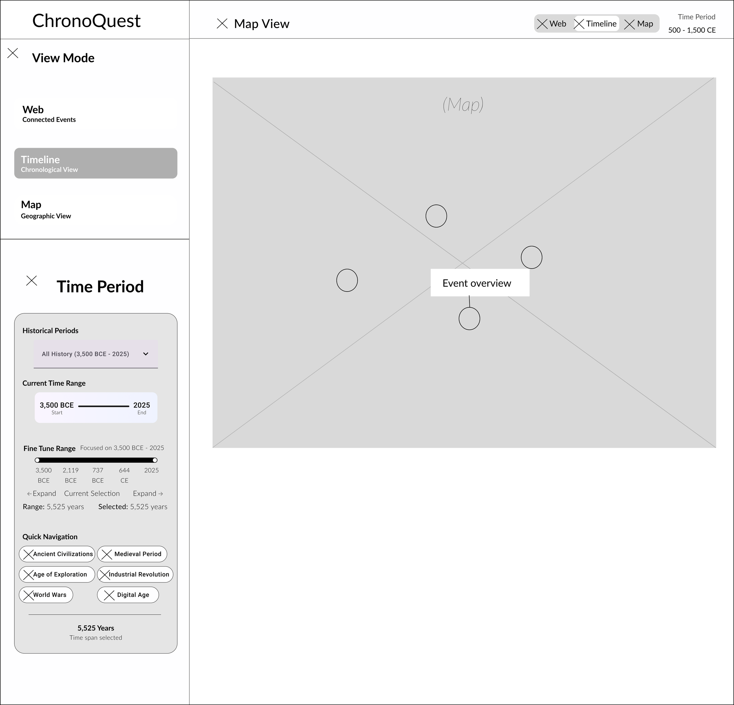 Screenshot of ChronoQuest user interface showing map view, timeline options, and event overview with interactive controls for historical periods, time range, and navigation buttons.