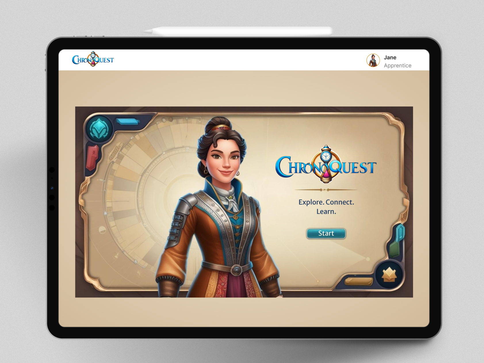 Tablet screen displaying the game 'ChronoQuest' with a female character in a fantasy outfit, and the words 'Explore. Connect. Learn.' next to a start button.