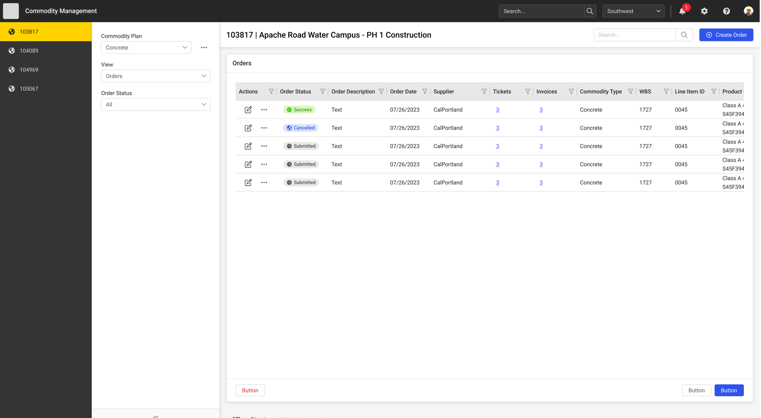 Screenshot of a software interface for commodity management. It shows a project called Apache Road Water Campus - PH 1 Construction with order details, statuses, and quantities for concrete orders listed with success, canceled, and submitted statuses.