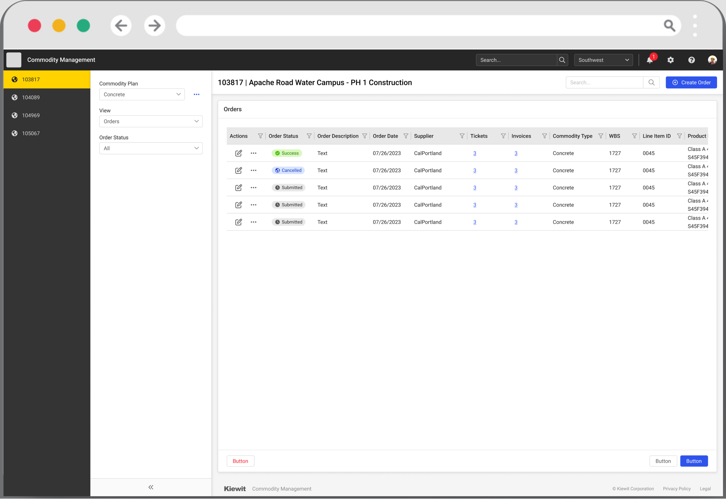 Screenshot of a commodity management software dashboard showing an order list for Apache Road Water Campus construction project, with details like order status, description, date, supplier, tickets, invoices, and product information.