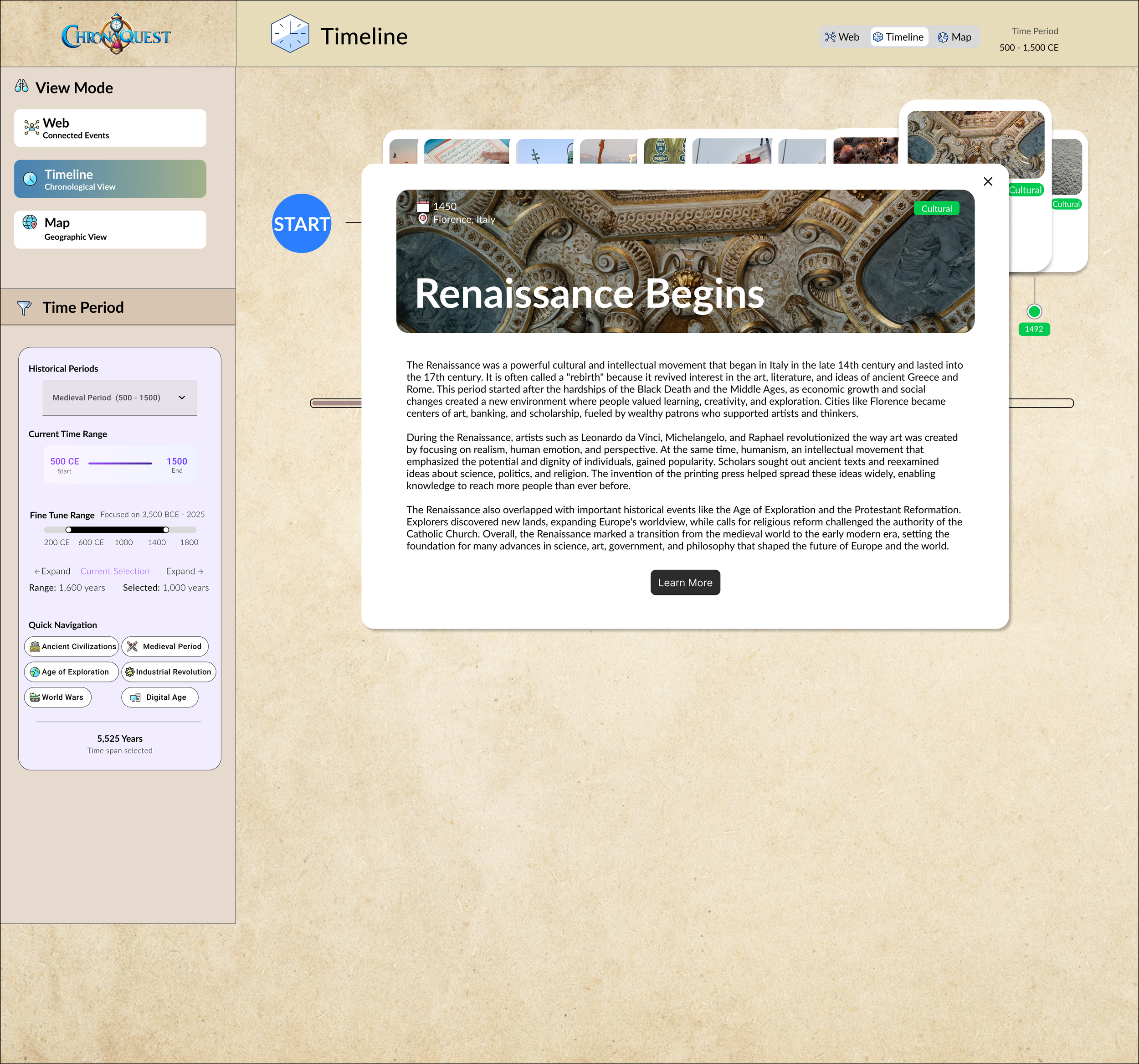 A digital timeline webpage focusing on the Renaissance begins. It includes a section describing the Renaissance as a cultural and intellectual movement starting in Italy in the late 14th century, with information about its effects on art, science, and exploration. The timeline interface on the left shows options for view modes, time periods, and quick navigation, with a highlighted period from 500 CE to 1500 CE. The main content features a large image of ornate Renaissance architecture with a caption 'Renaissance Begins'.