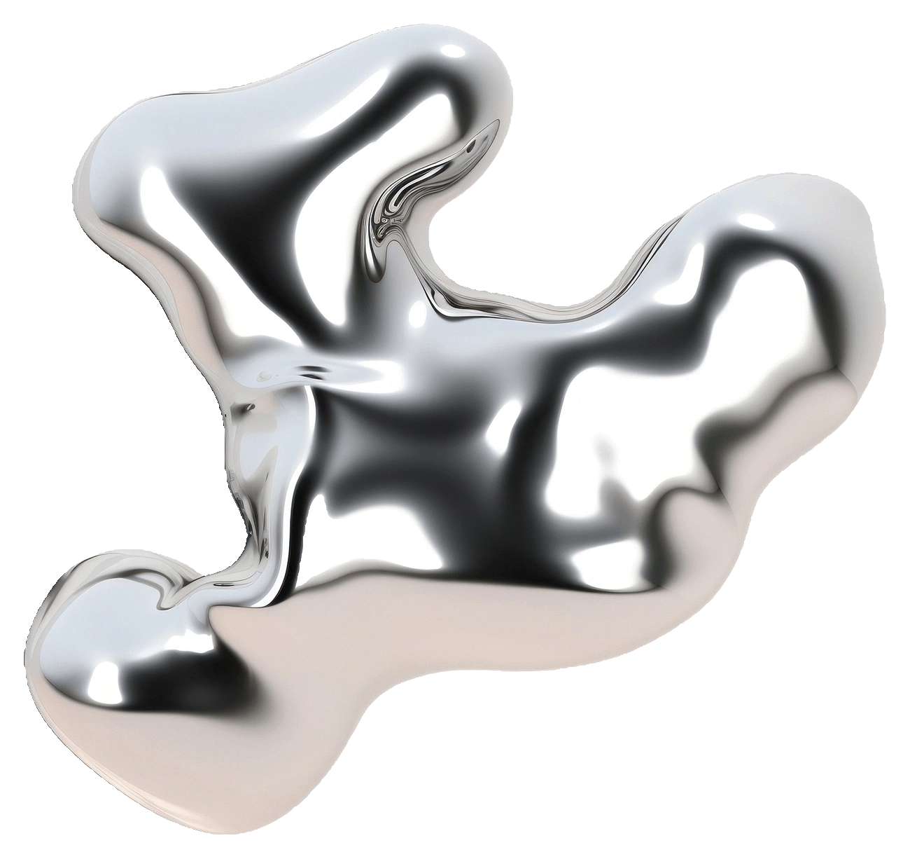 Abstract silver metallic sculpture with flowing, organic shapes.