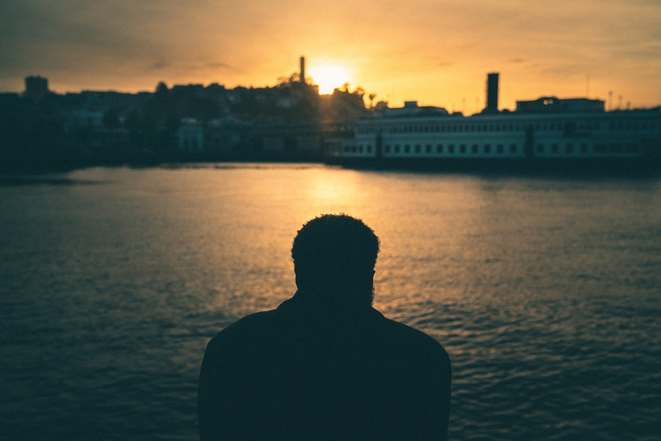 A person with curly hair looking at a sunset over a body of water with city skyline in the background.