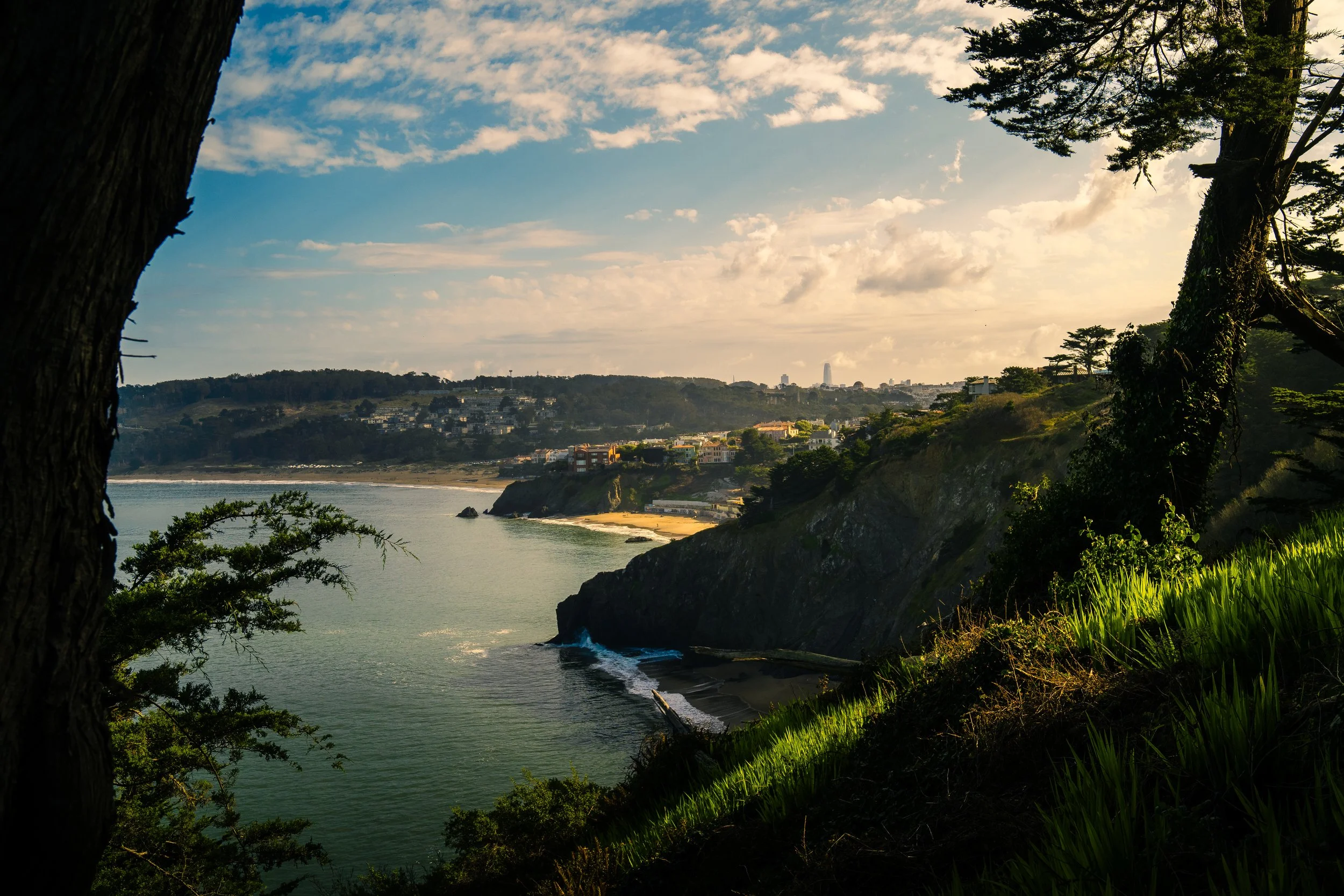 View of a coastal landscape with cliffs, trees, and a beach, under a partly cloudy sky in the late afternoon.