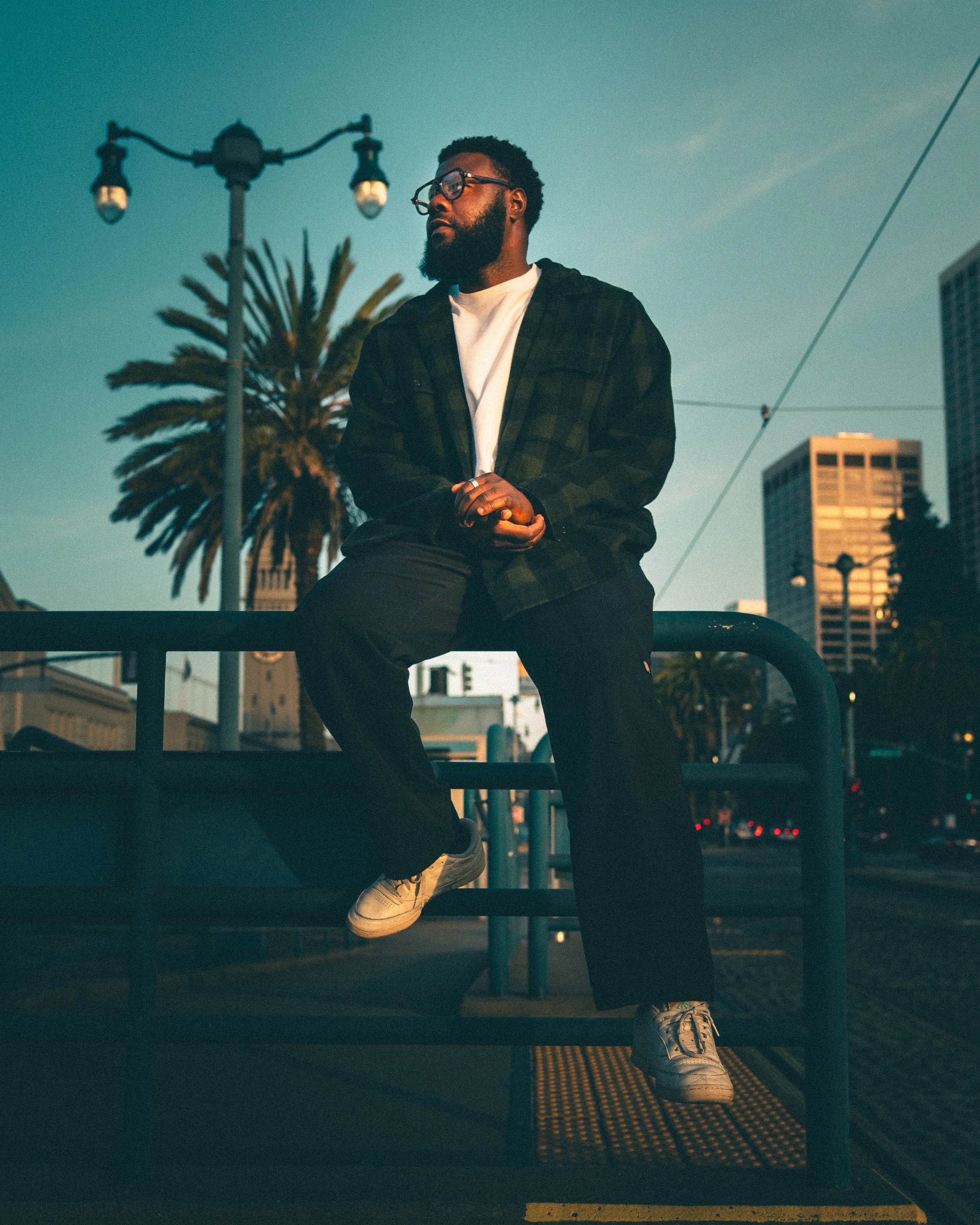 A bearded man with glasses sitting on a black rail in an urban setting during sunset, with palm trees and tall buildings in the background.