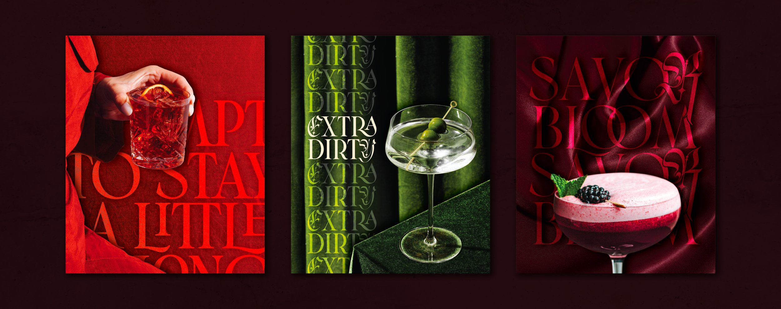 Three panels of colorful cocktails with festive backgrounds. The left panel shows a hand holding a red cocktail with an orange slice, against a red background with red overlay text. The middle panel features a clear cocktail with green olives and a green background. The right panel displays a pink cocktail with berries and a mint leaf, with a deep red background and red overlay text.