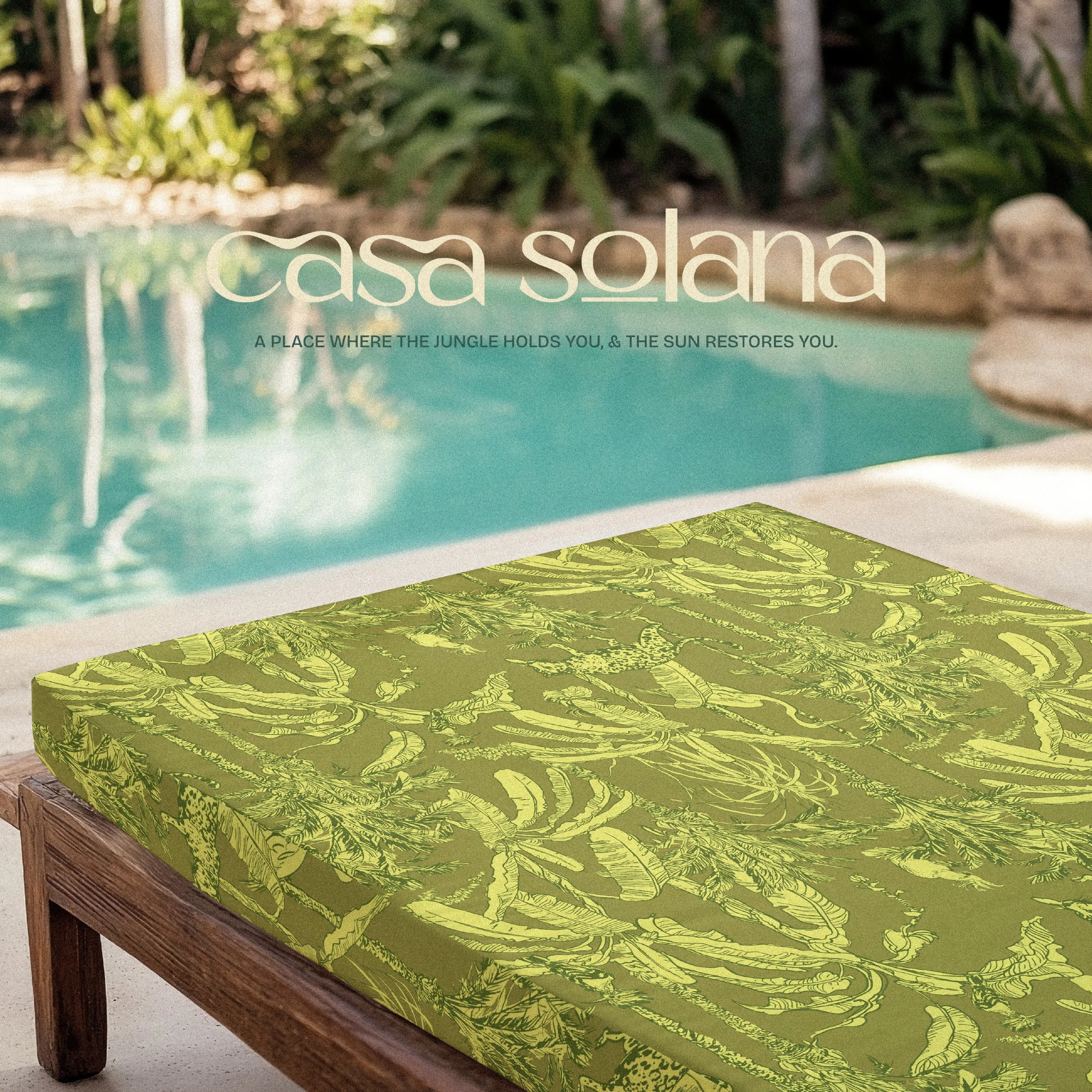 Social media graphic with a view of the pool with a branded beach lounger.