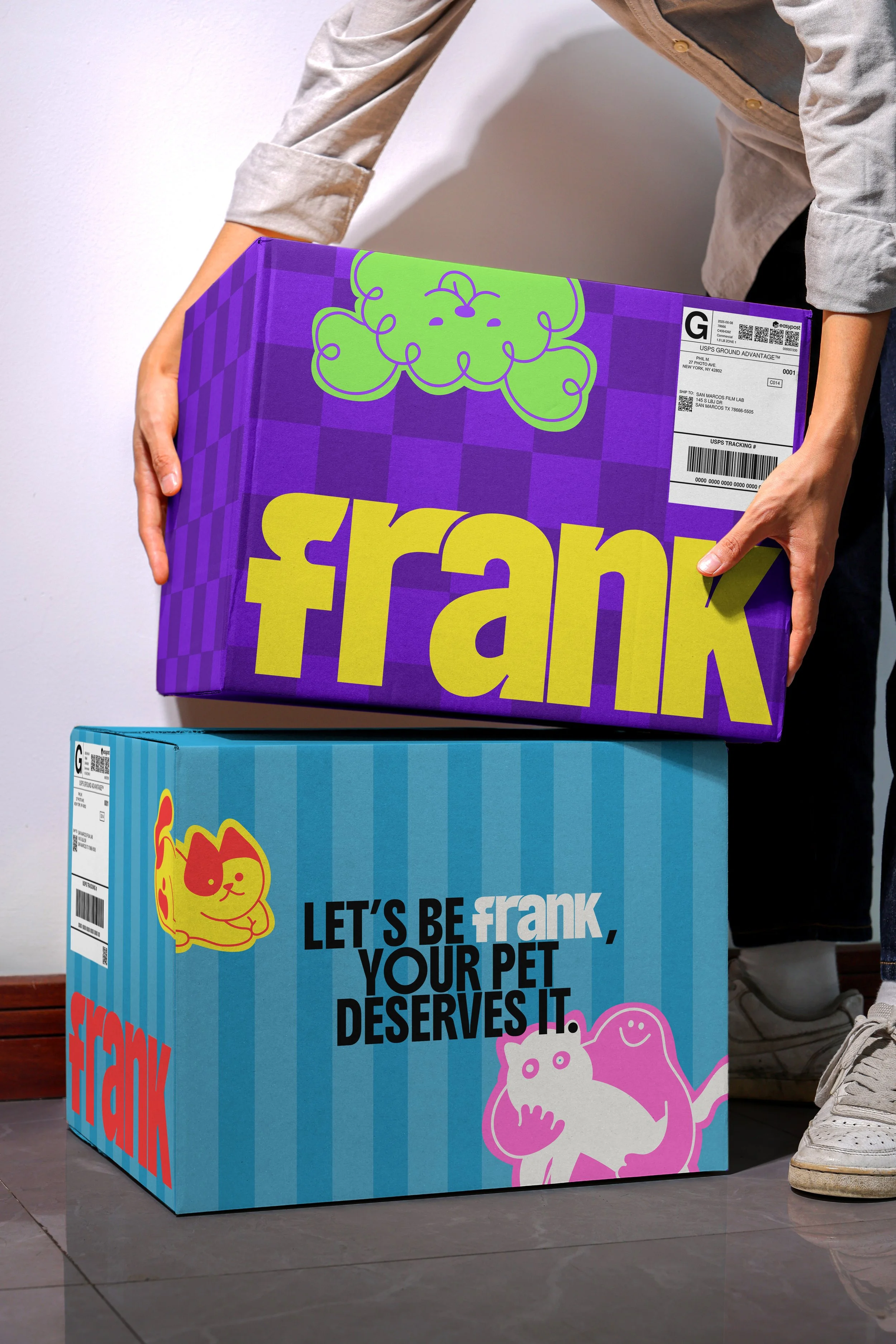 Person holding two boxes with branding and cartoon pet illustrations, one purple with a green cloud, and the other blue with a yellow and red pet, promoting pet-friendly messaging.