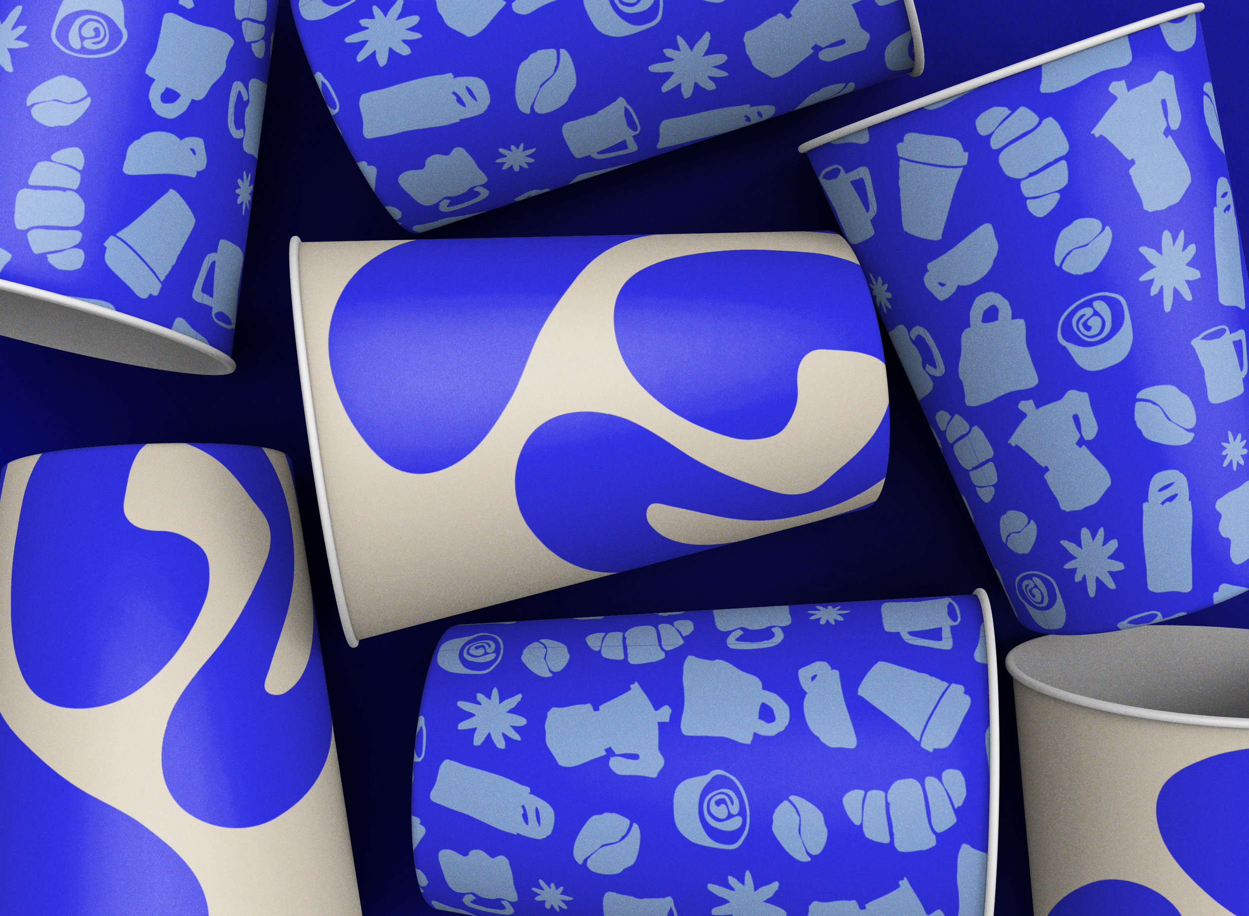 Multiple disposable coffee cups with blue and white abstract patterns and silhouettes of various trash and recycling items.