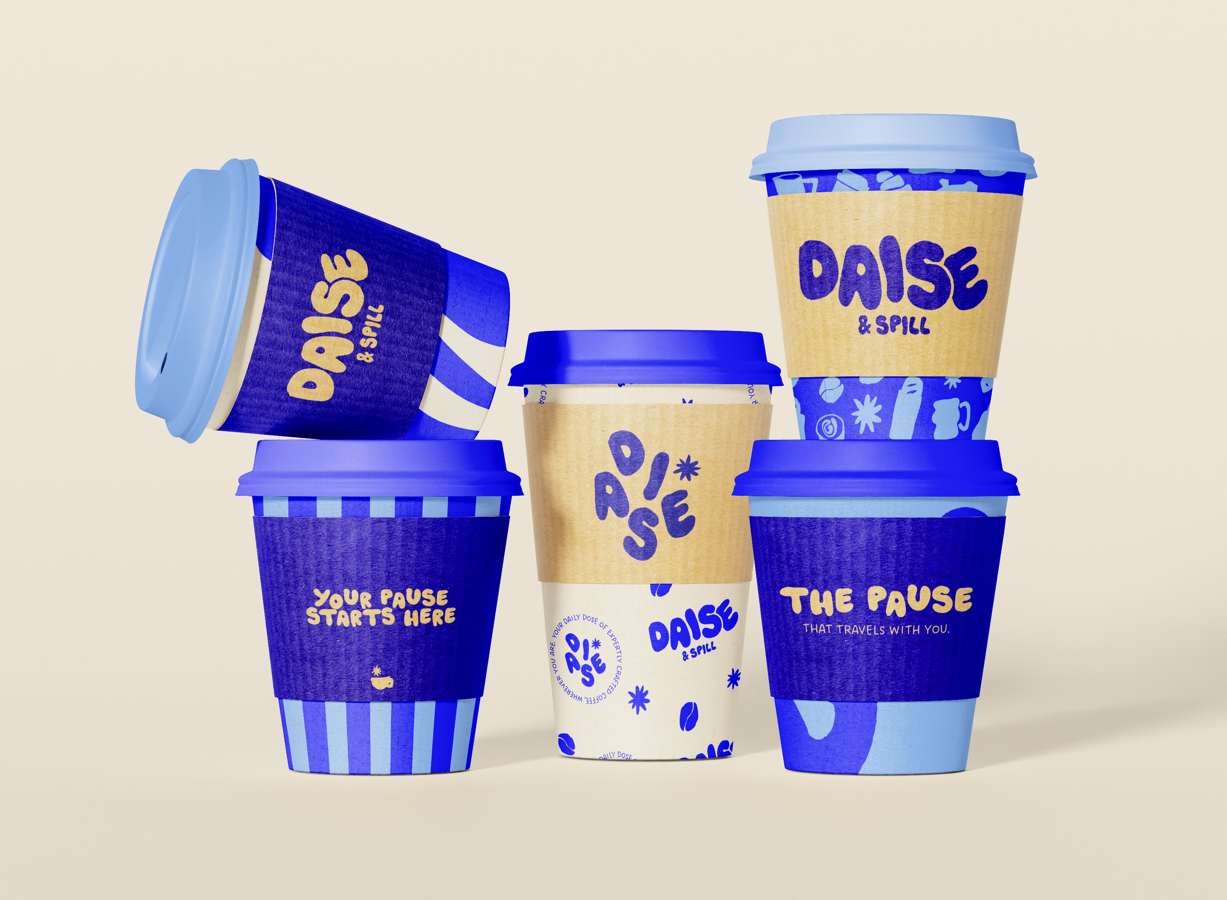 Five colorful coffee cups with blue lids, featuring branding of DAISE & SPILL, arranged on a beige background.