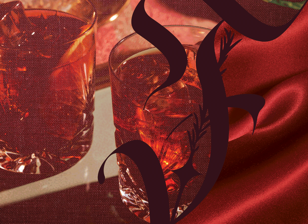 Different cocktail glasses on a cloth with a red silk fabric nearby, and decorative black floral designs overlayed on the image.