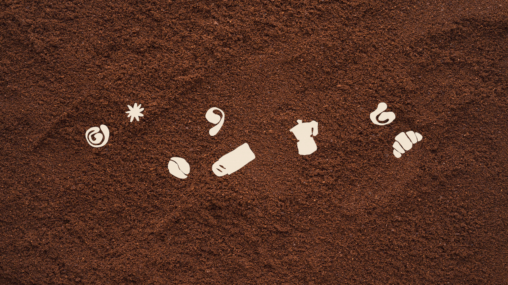 Various white silhouettes of coffee-related items and a croissant on a textured brown background, including a coffee cup, coffee beans, a to-go coffee cup, a croissant, and a spoon.