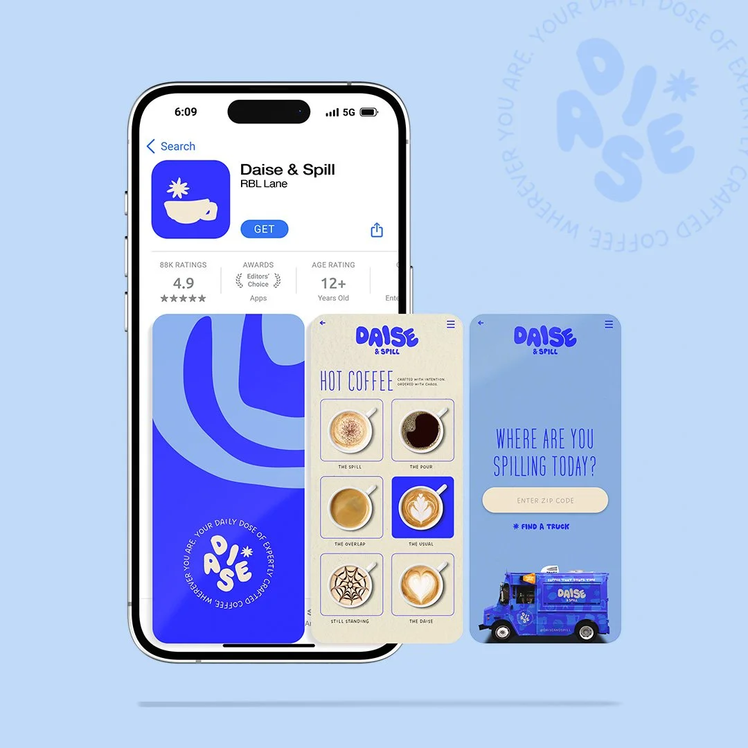 A smartphone displaying a mobile app called Daise & Spill with an icon of a bowl and a flower on a blue background. Next to the phone are two screens: one with coffee options labeled Hot Coffee, and the other with text asking where are you spilling today with a space to enter a zip code and a blue delivery truck.
