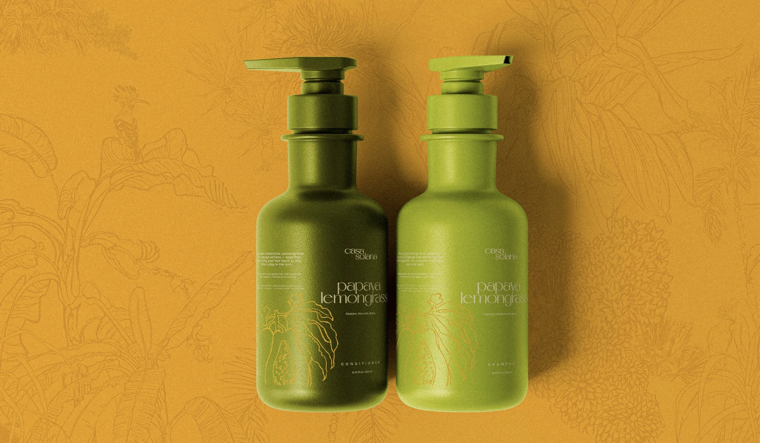 Overhead view of branded Casa Solana shampoo and conditioner hair care line.