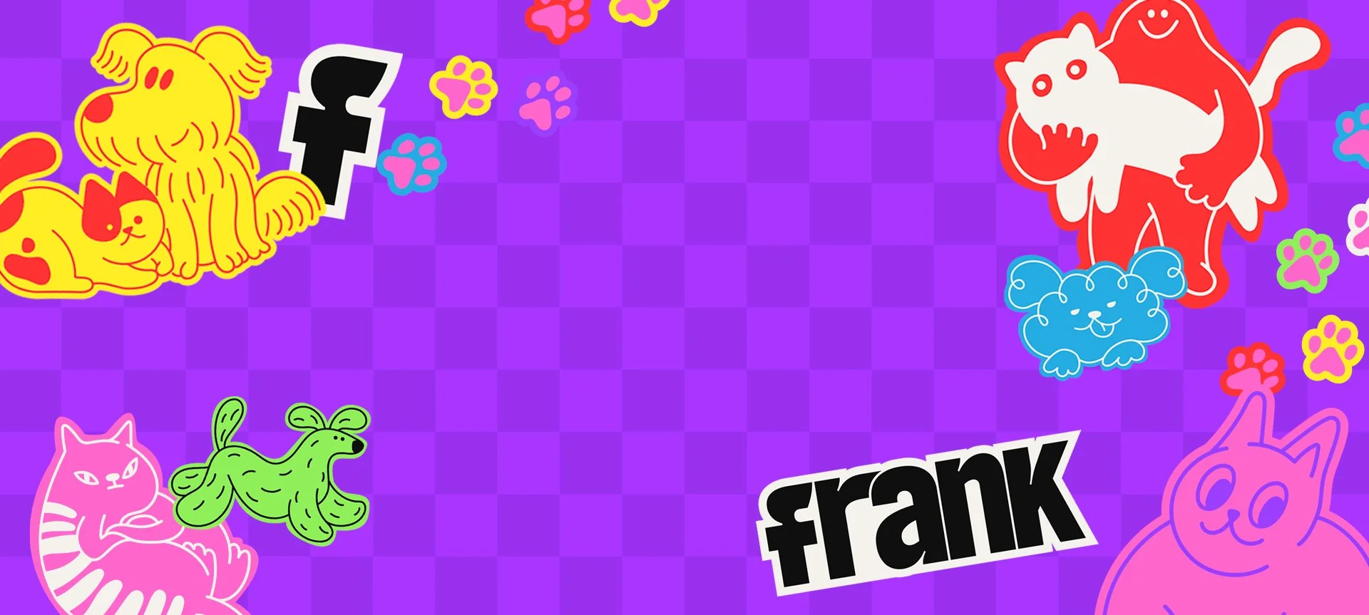 Colorful illustration of various cartoon-style animals including dogs, a cat, a bear, and a bunny, along with social media icons and paw prints, on a purple background.