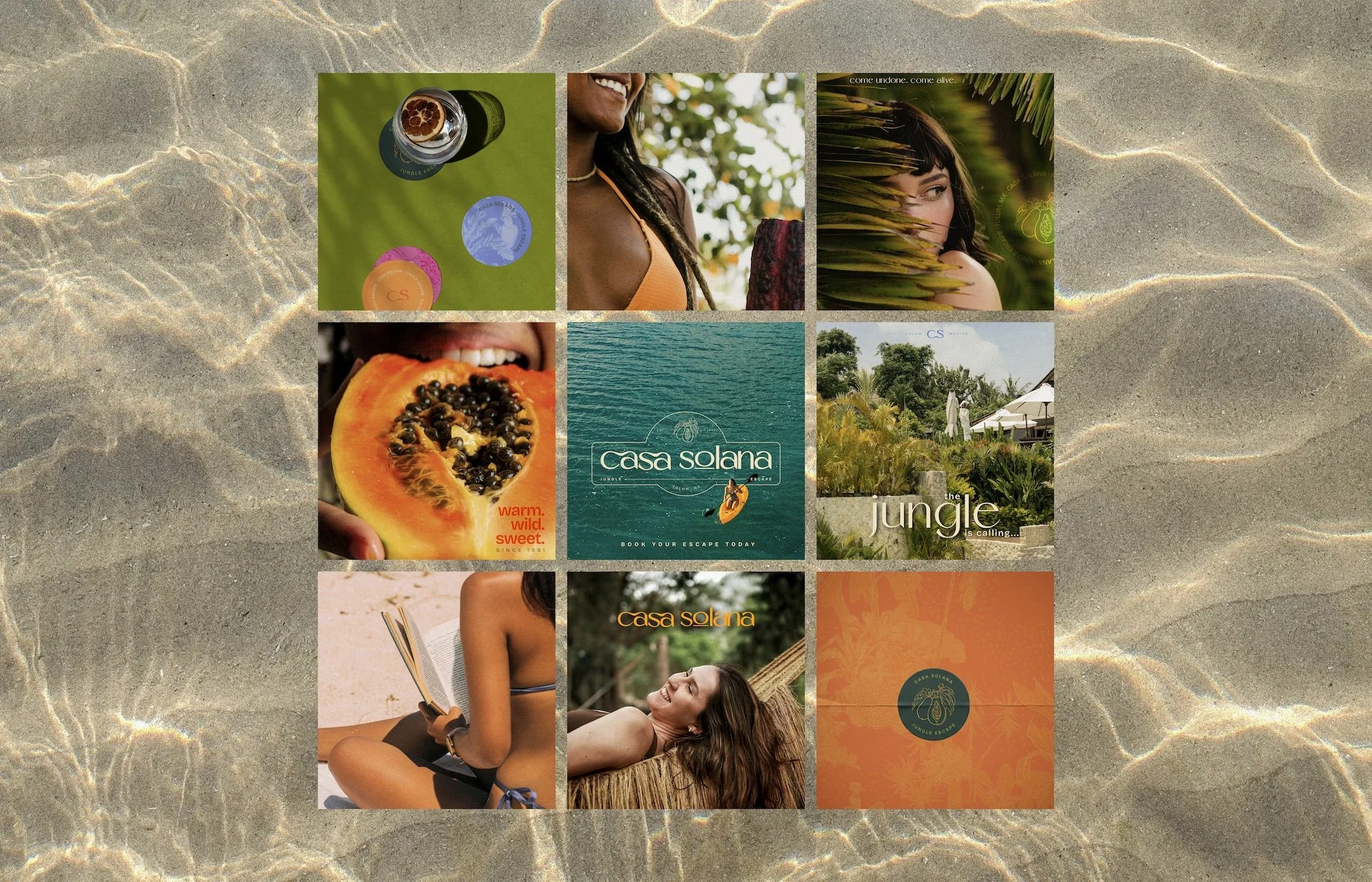 Grid-view of 9 social media graphics for Casa Solana.