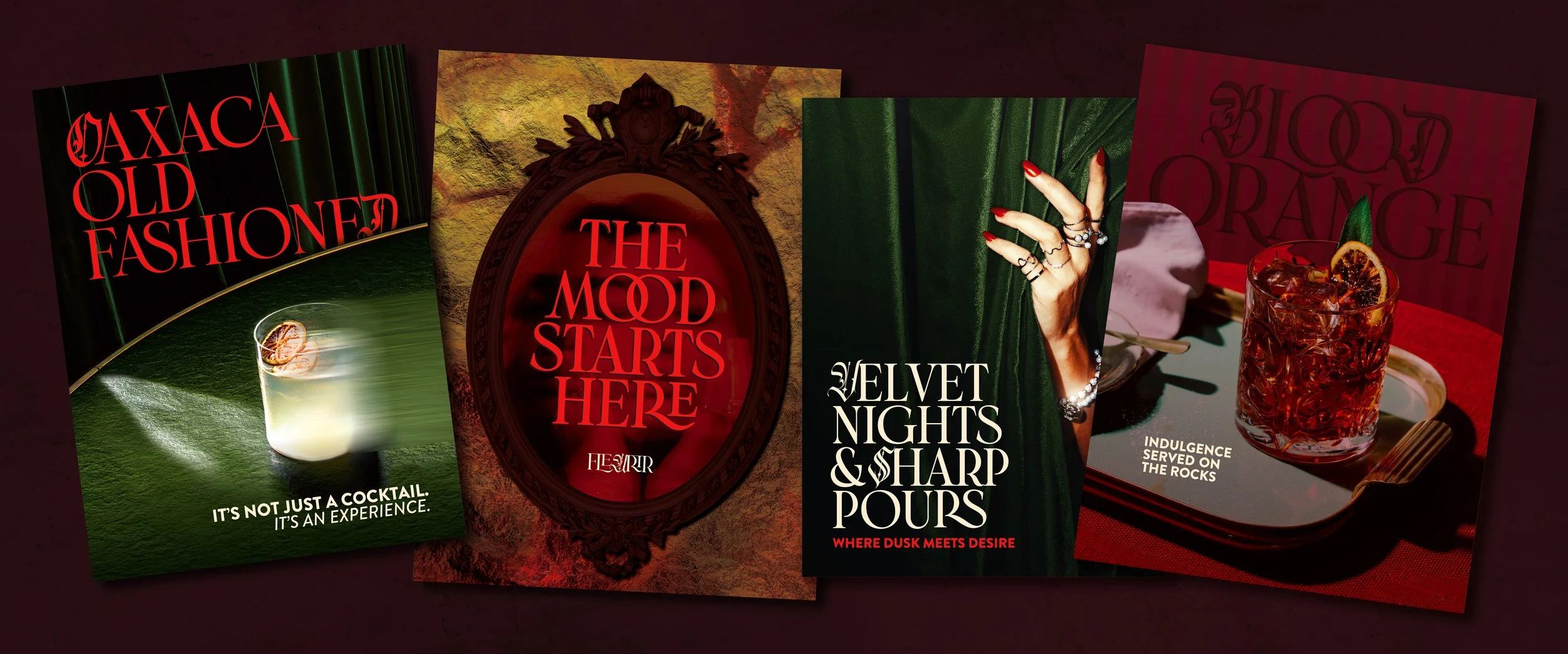 Four colorful event posters arranged side by side on a dark surface. The first poster promotes cocktails with the text 'Oaxaca Old Fashioned,' featuring a drink with a slice of citrus and a lime wheel. The second poster states 'The Mood Starts Here' with a vintage mirror frame, on a textured background. The third poster advertises 'Velvet Nights & Sharp Pours' with an image of a hand with rings peeking from behind a green curtain, holding a cocktail. The fourth poster showcases a 'Blood Orange' drink with ice, citrus slices, and a straw on a tray, with the subtitle 'Indulgence served on the rocks'.