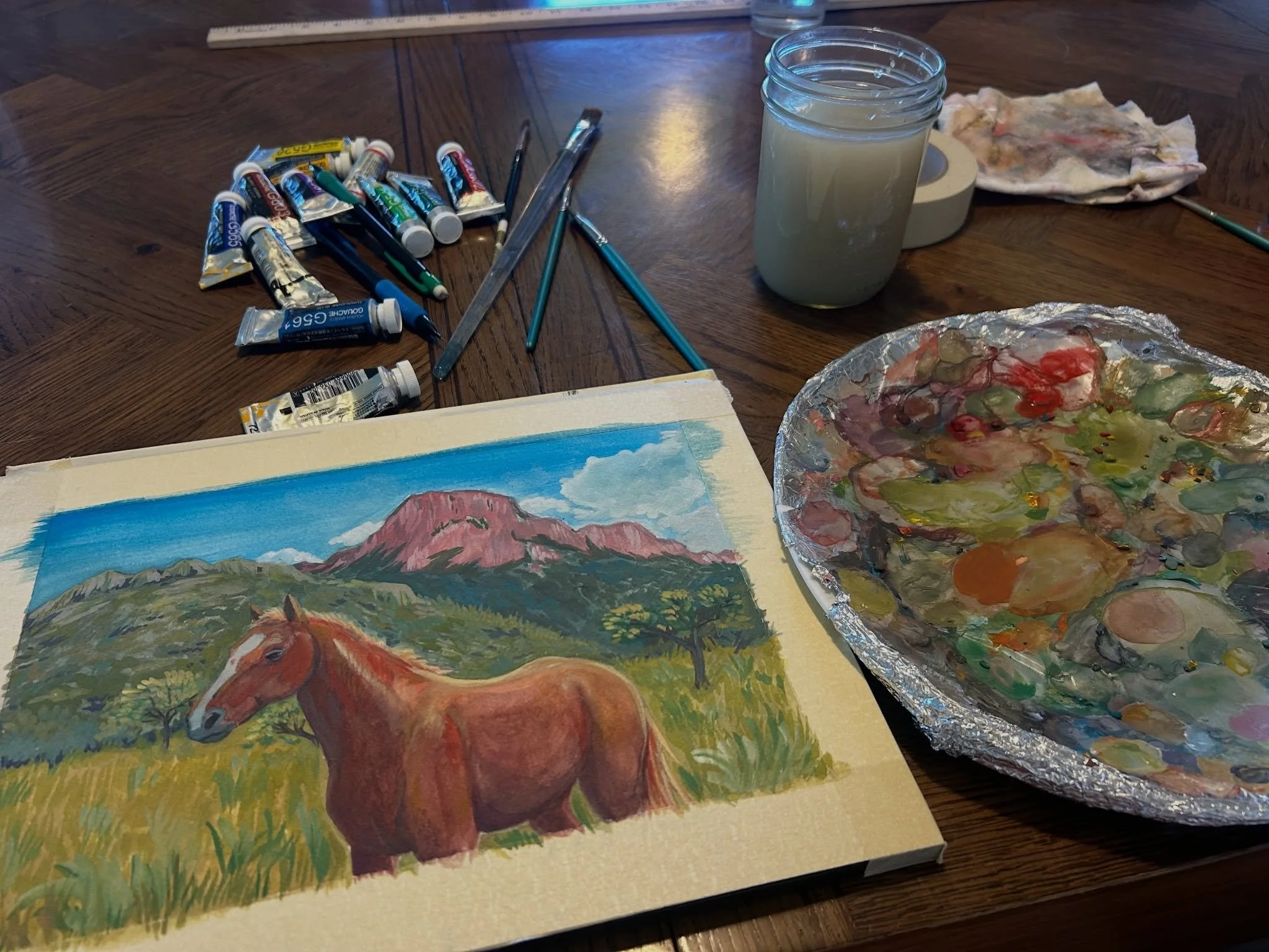I got the privilege of painting a memorial of my good buddy&rsquo;s family horse, Roger. It was a great way to start my Friday 🤠 also I&rsquo;m partial to the taped look with the messy overhang so I included it and the trimmed version to compare :) 