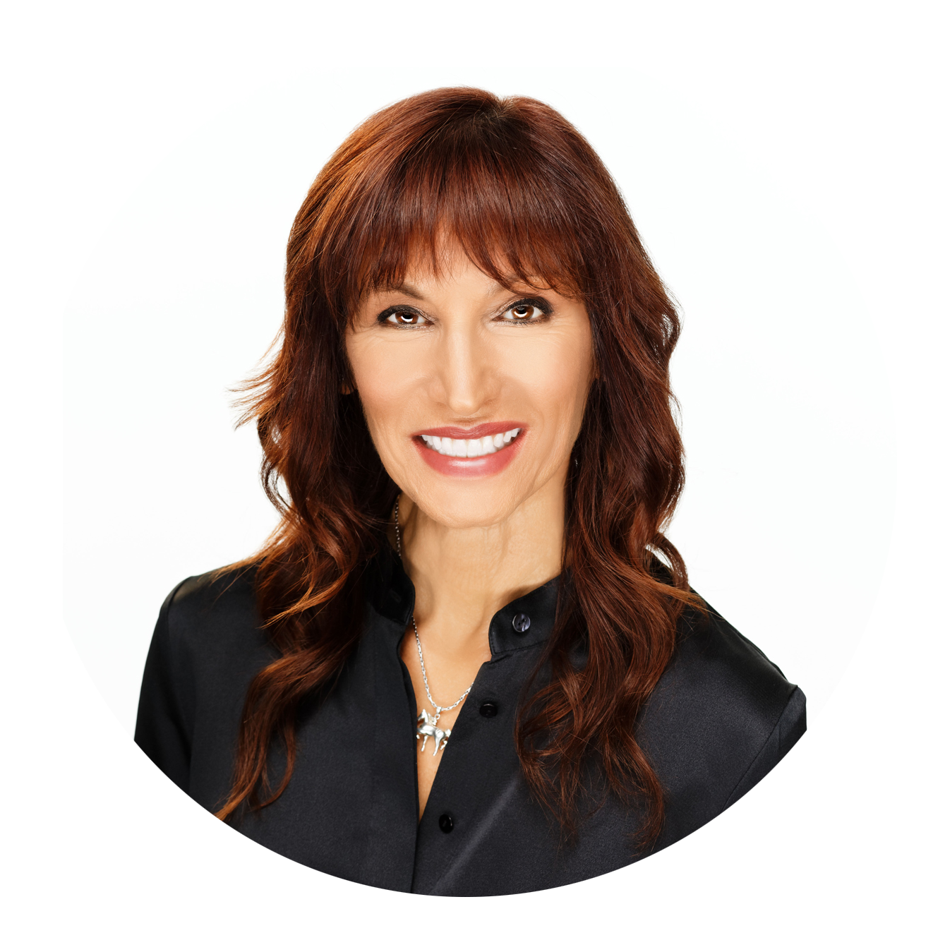 Melanie Gerber C.P.A. smiling with red hair wearing a black button-up shirt and silver jewelry against a white background.