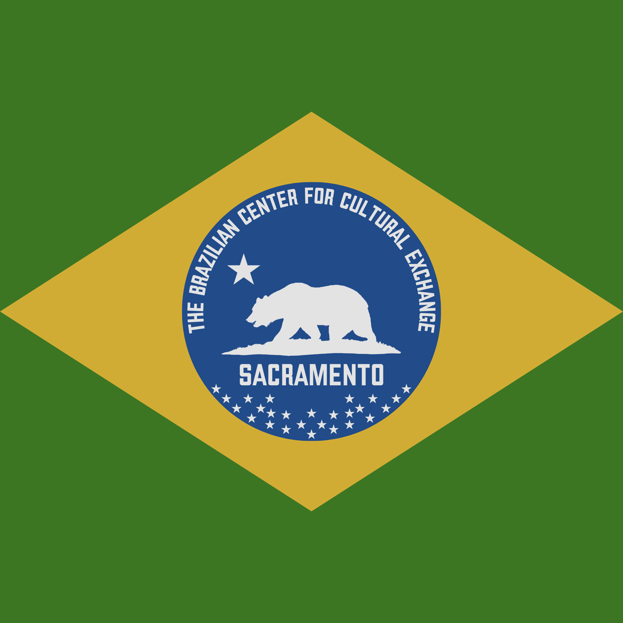 The Brazilian flag with a green background, a yellow diamond, and a blue circle with white stars and a white banner that reads 'The Brazilian Center for Cultural Exchange Sacramento'.