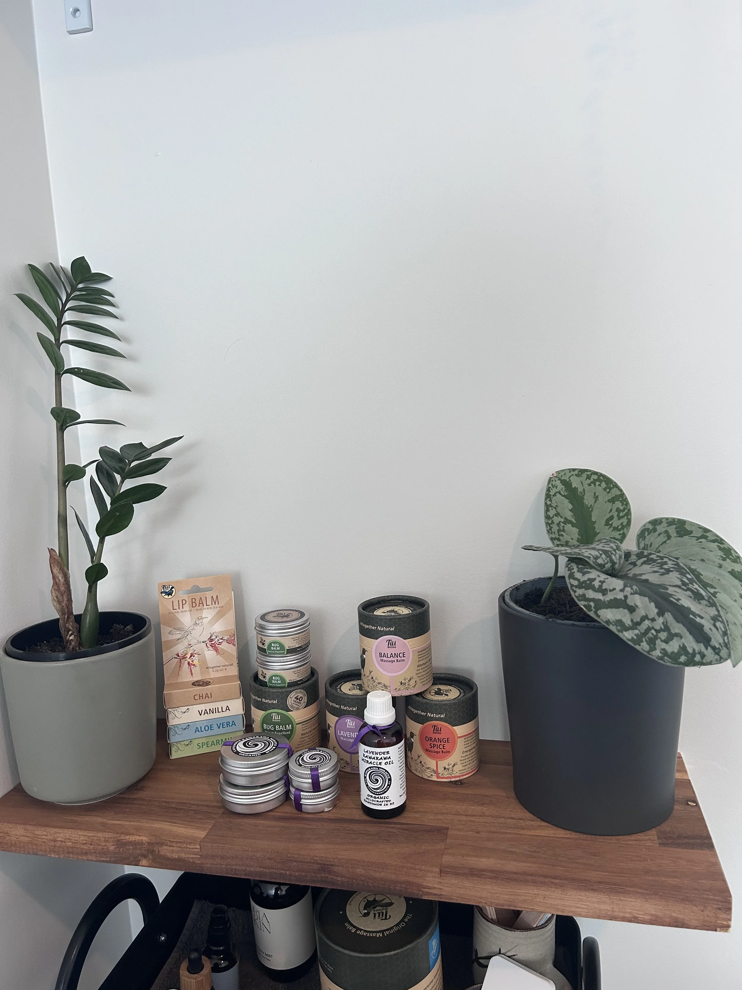 Various wellness products and potted plants arranged on a wooden table in a minimalist setting.