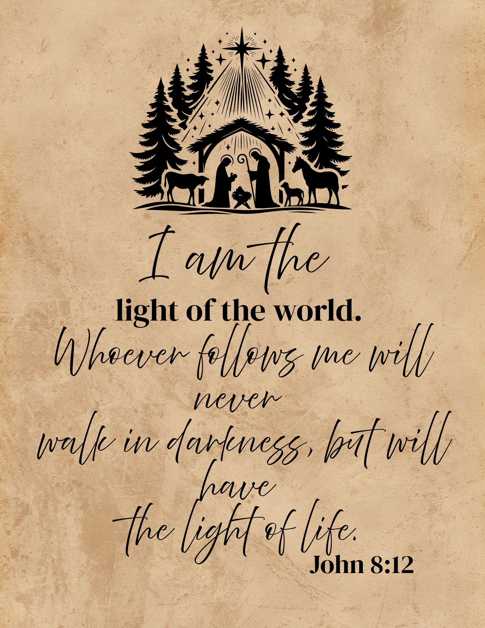 Faith-inspired "I Am the Light of the World" scripture wall art featuring John 8:12. This is a digital download designed for easy printing and timeless, meaningful home decor.