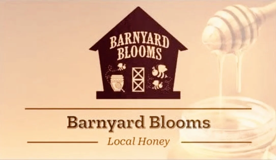 Barnyard Blooms logo, a local honey vendor based in Covington, Indiana offering raw and infused honey products.