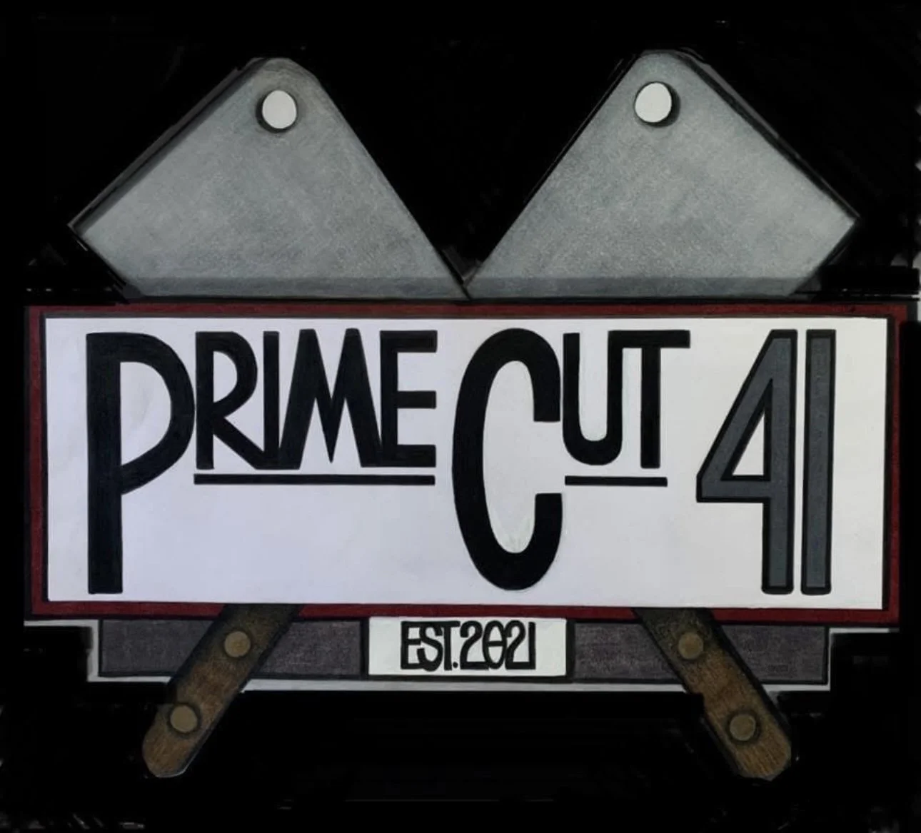 Prime Cut 41 logo featuring crossed meat cleavers, a local butcher and meat vendor based in Veedersburg, Indiana offering assorted high quality meats.