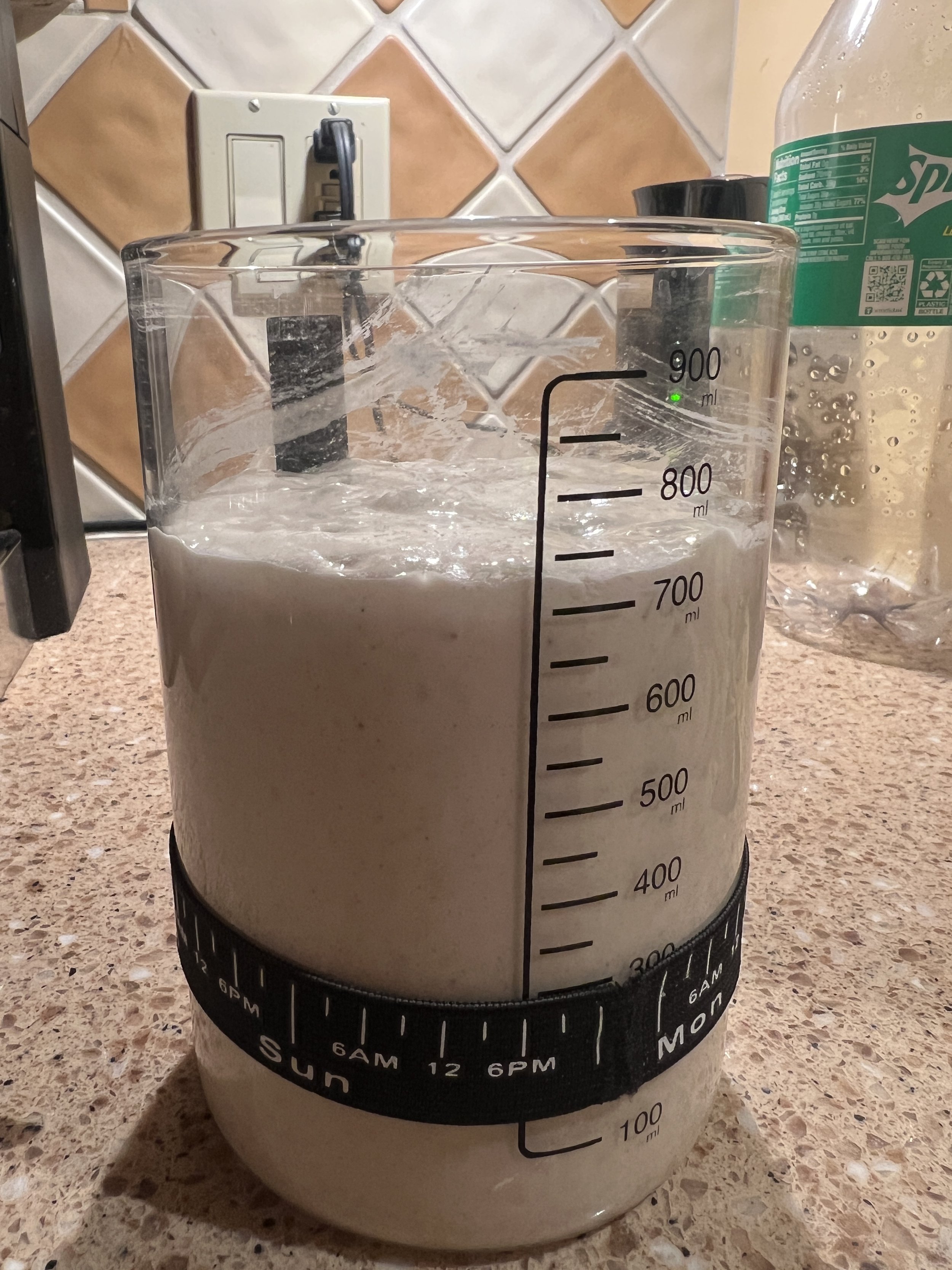 Sourdough starter peaking in a marked glass container, ready to use for baking