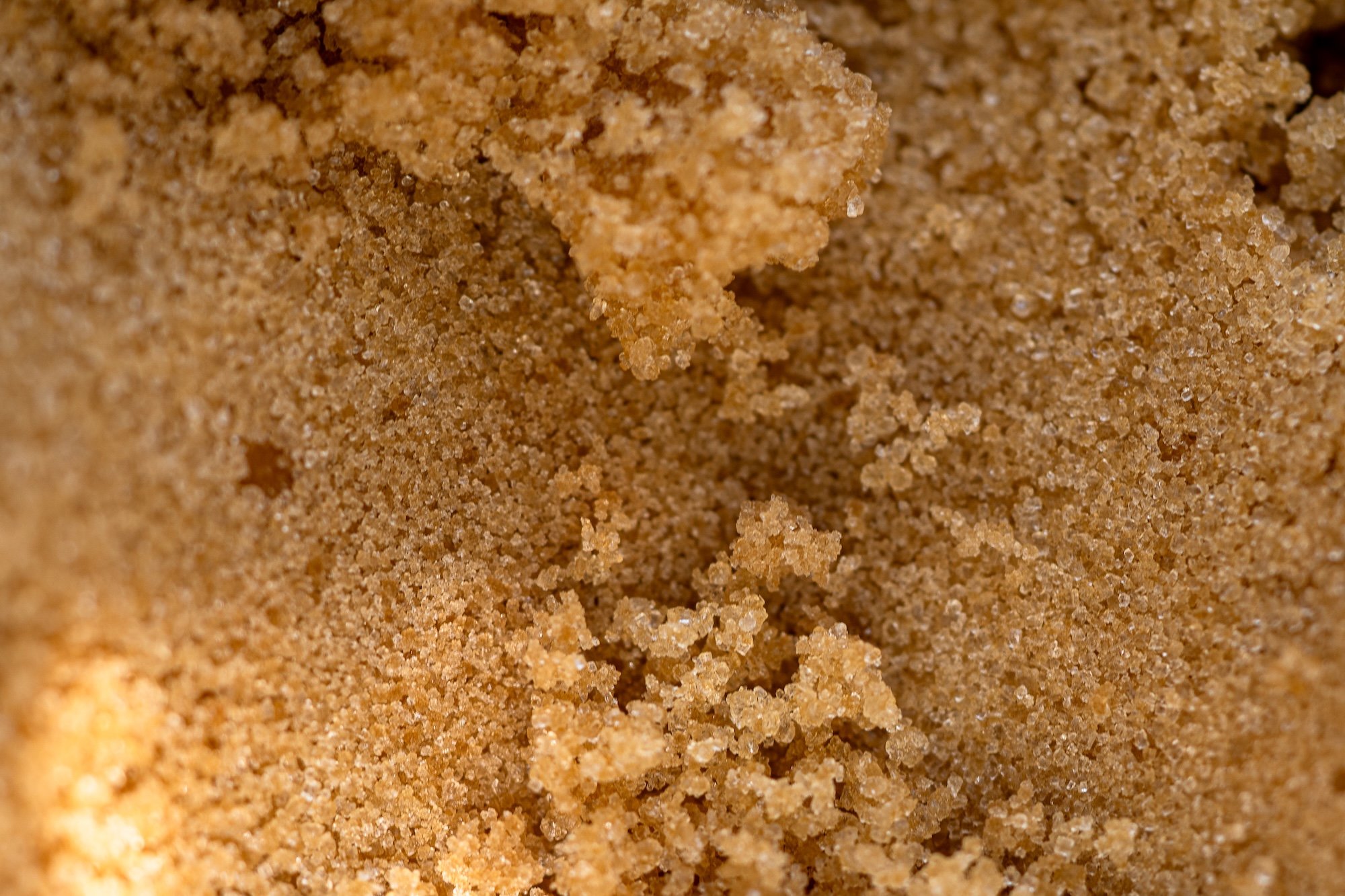 Close-up macro photo of light brown sugar, showing its fine crystals and sandy texture.