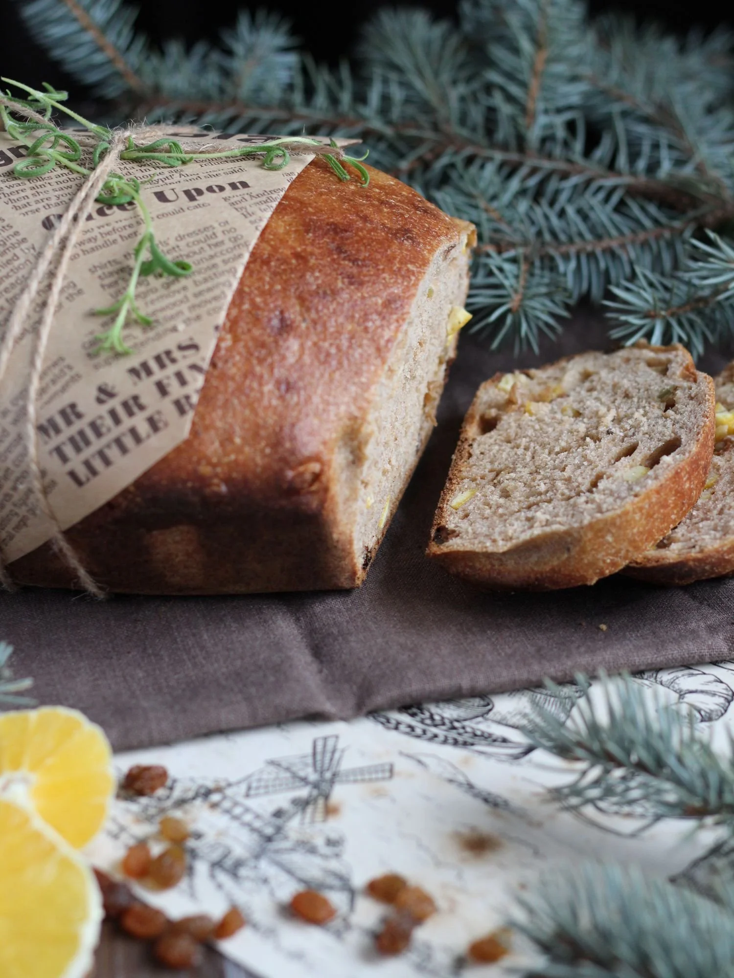 A rustic loaf of Norwegian julekake with raisins and citrus pieces, wrapped in printed paper and twine, sliced beside evergreen branches and fresh orange slices.