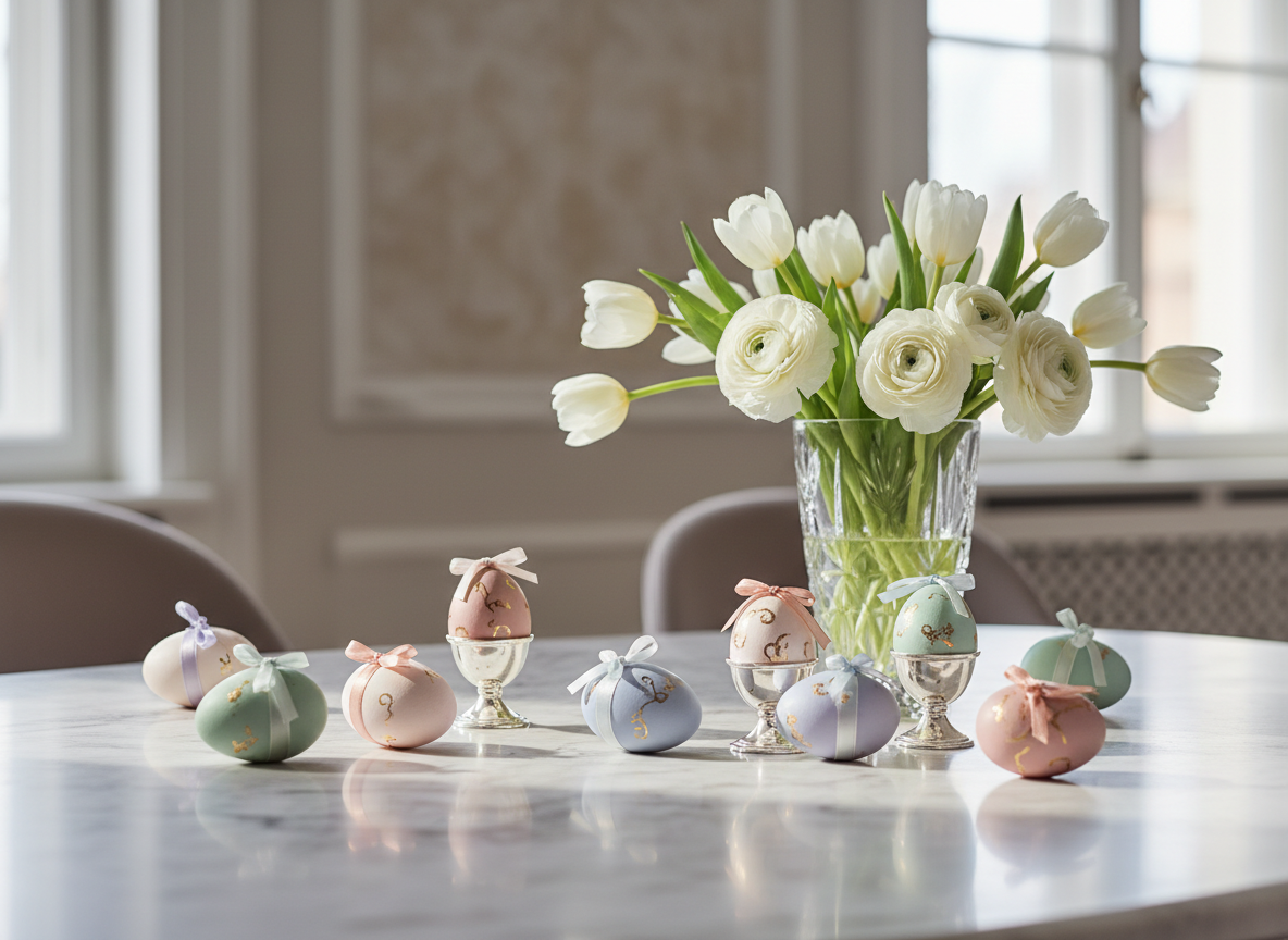 A clear glass vase filled with white tulips and ranunculus flowers on a white marble table, with pastel-colored decorative eggs with bows around their tops and gold accents placed in front of the vase.