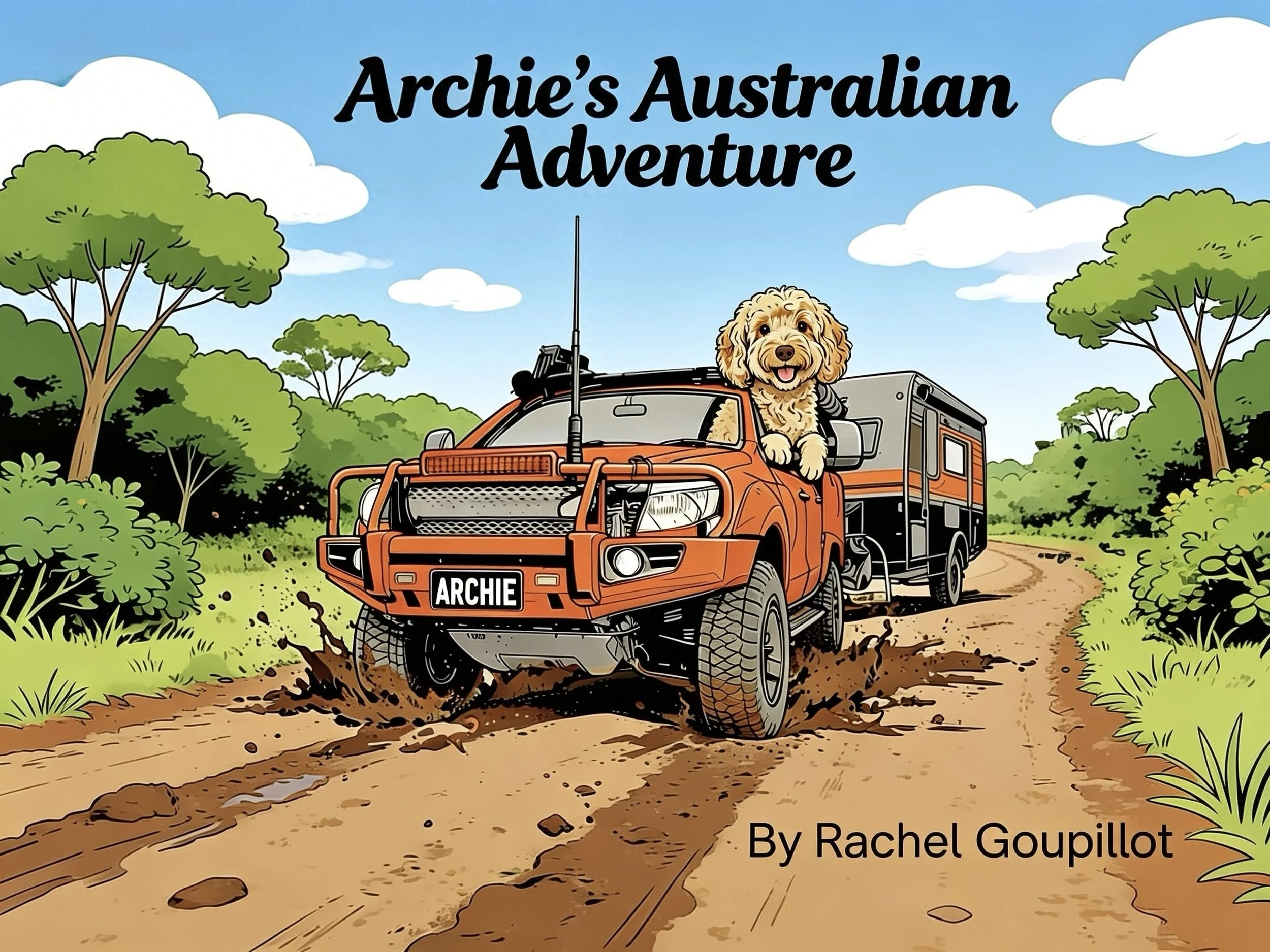 Illustration of an orange off-road vehicle with a dog sitting inside and a trailer attached, driving on a dirt trail through a lush green forest with trees and bushes, under a blue sky with clouds.