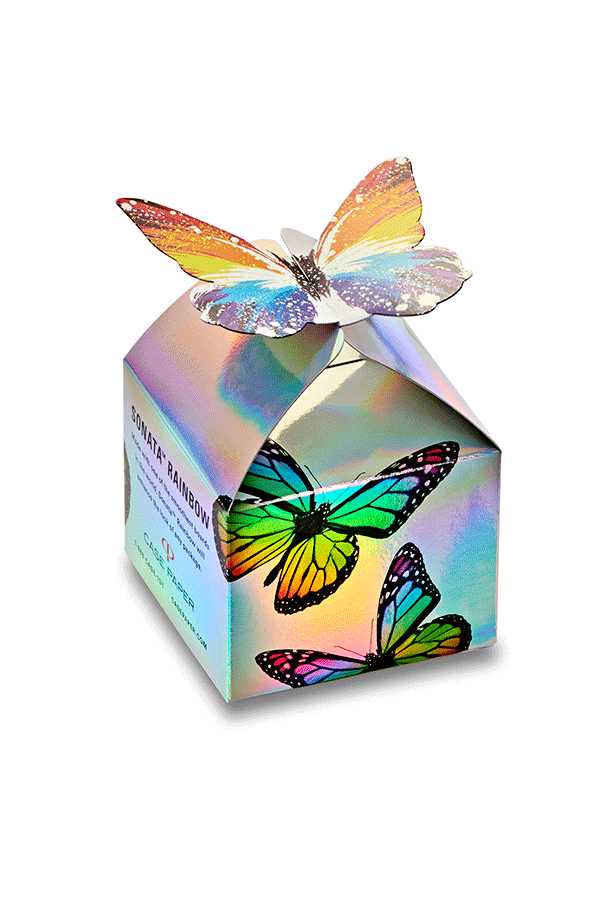 Holographic box with butterfly illustrations, with a flying butterfly on top