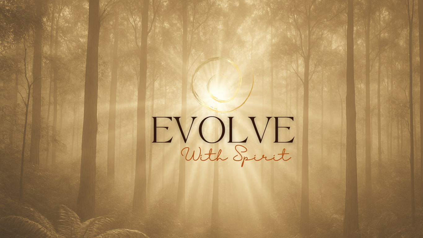 Sunlight streaming through a misty forest with tall trees, with text that says 'Evolve With Spirit' in the center.