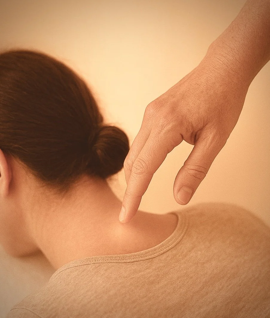 A person with brown hair tied in a bun receives a massage or chiropractic adjustment, with a hand performing a technique on the neck or shoulder area.