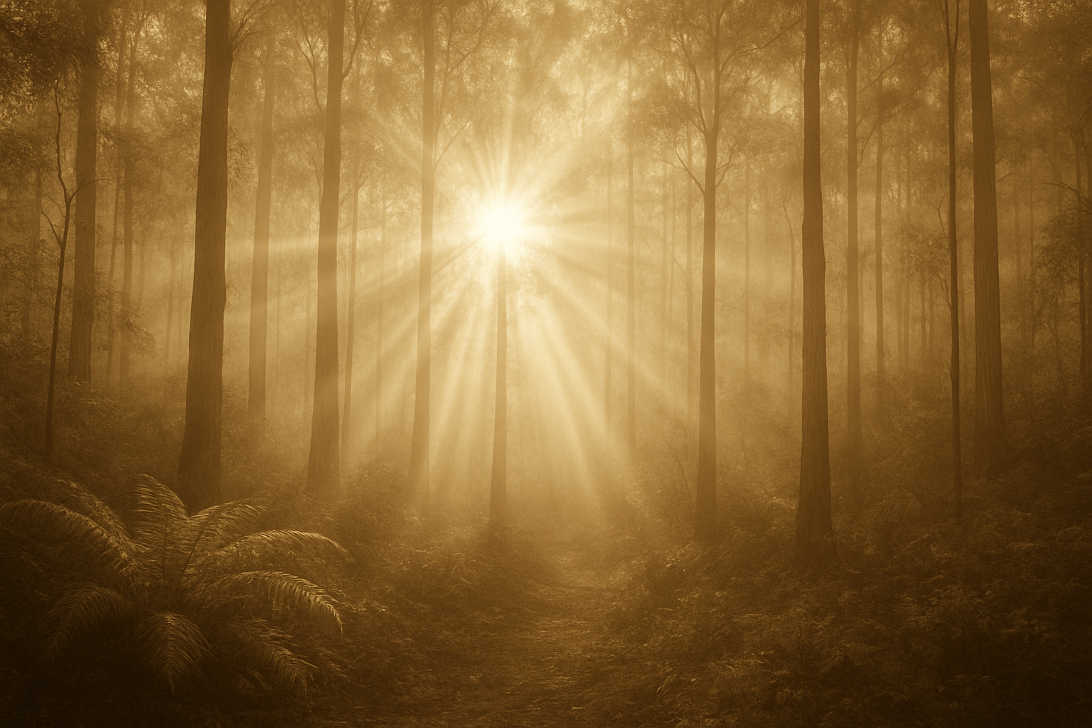 Sun rays shining through a dense forest with tall trees and a path in the middle.