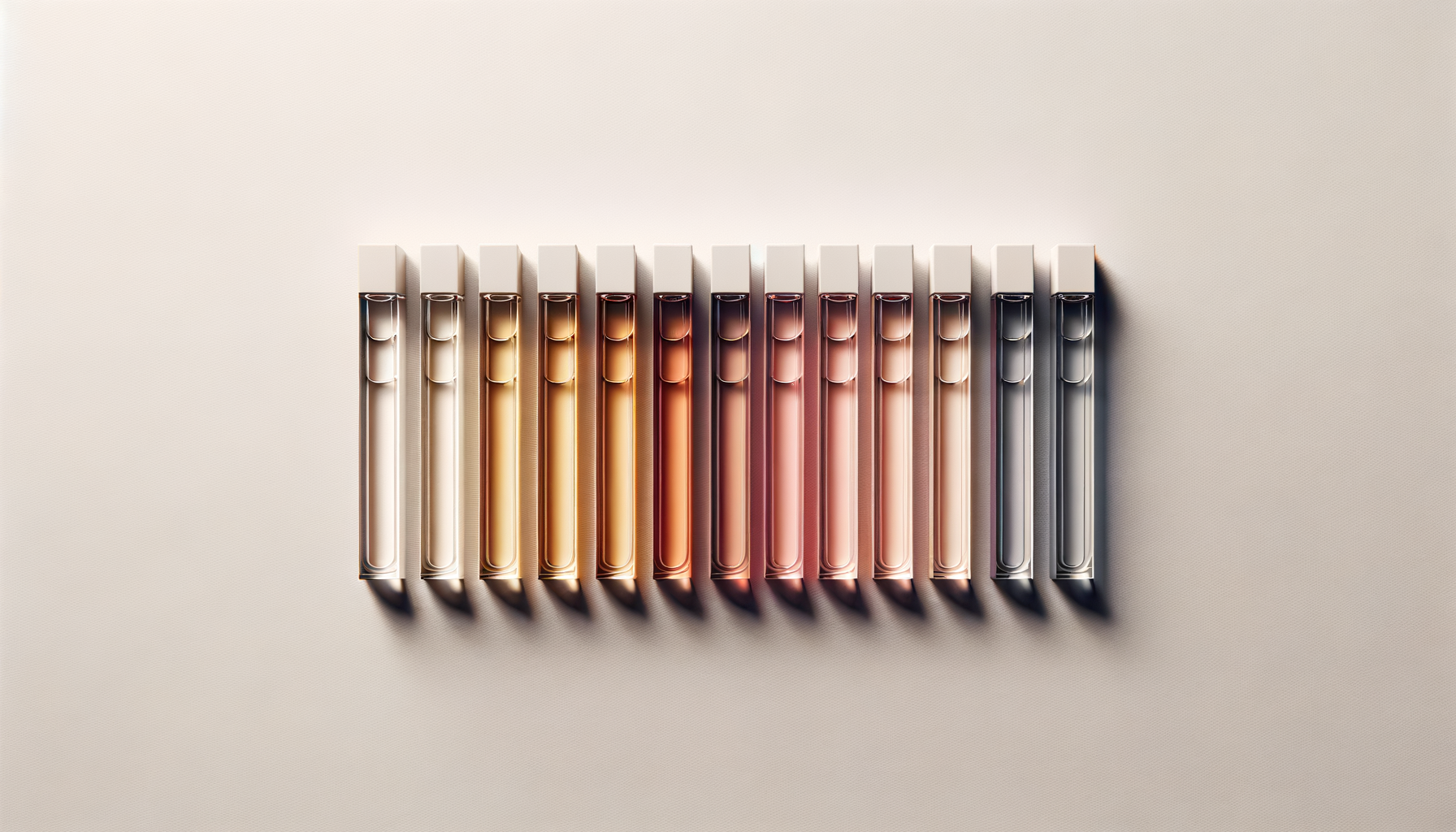 A row of nail polish bottles with various shades ranging from beige to dark gray, arranged on a light-colored surface.