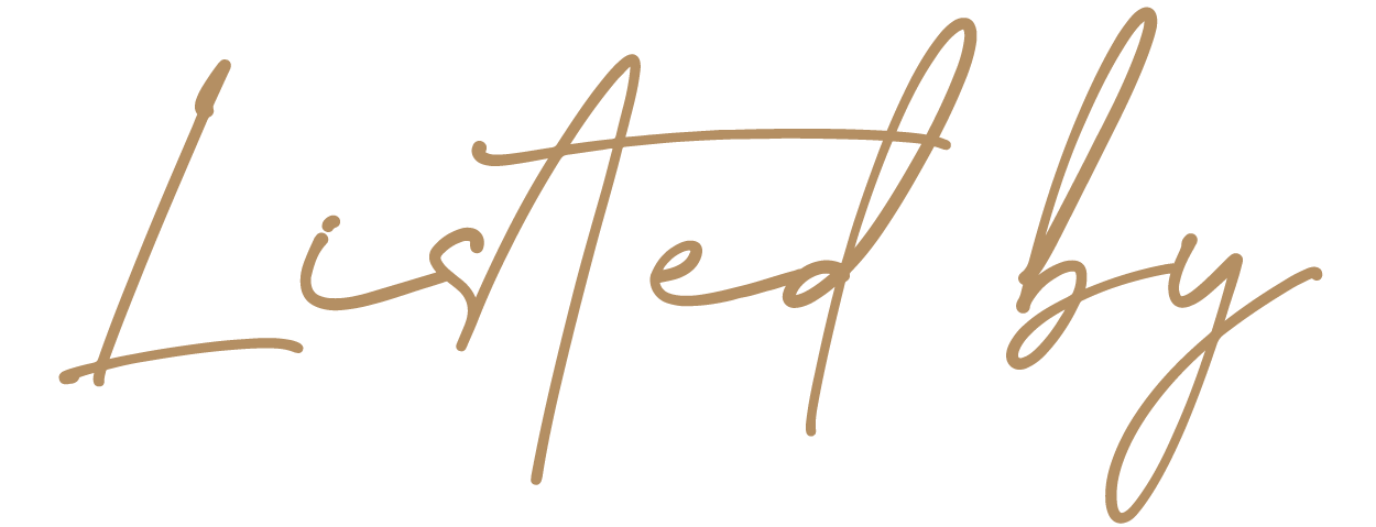 Stylized text reading "Listed by" in cursive brown lettering.