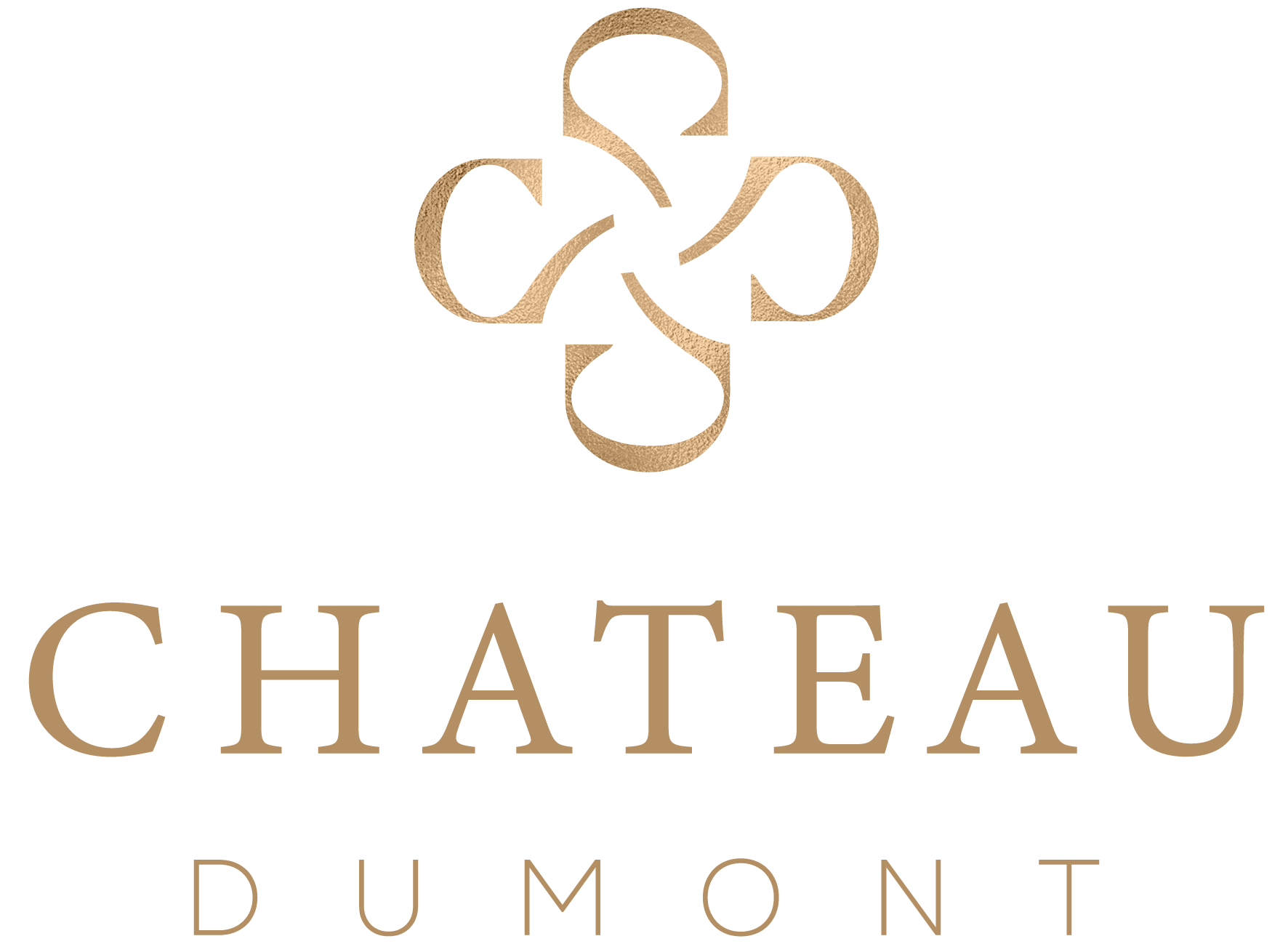Chateau Dumont logo featuring a stylized, gold-colored, intertwined quatrefoil design above the words 'Chateau Dumont' in large serif font, with 'Dumont' in a smaller size.
